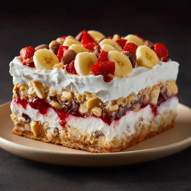Easy Layered No-Bake Banana Split Cake with Graham Crust Recipe
