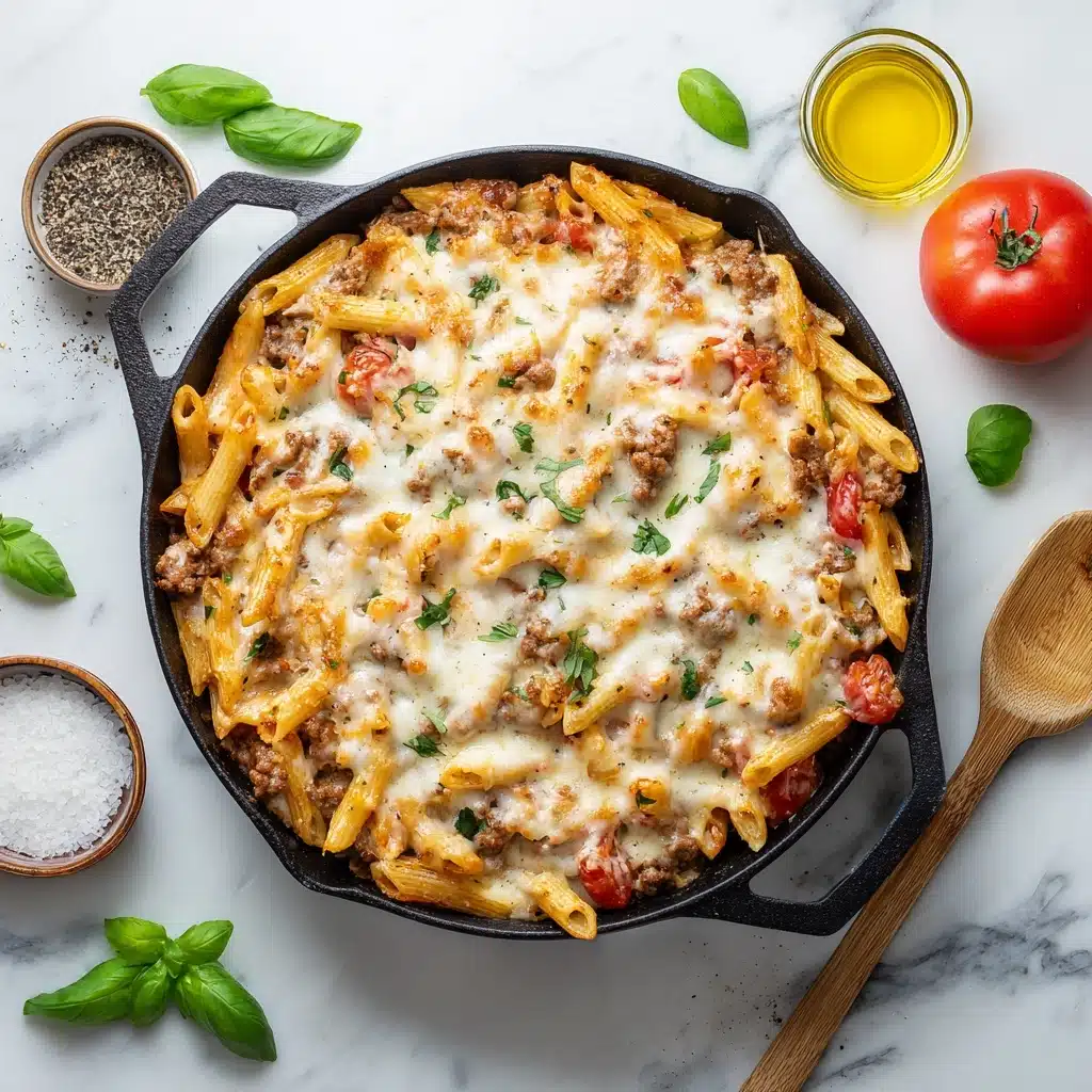 Cheesy Penne with Garlic Butter Ground Beef Recipe - Recipe Image