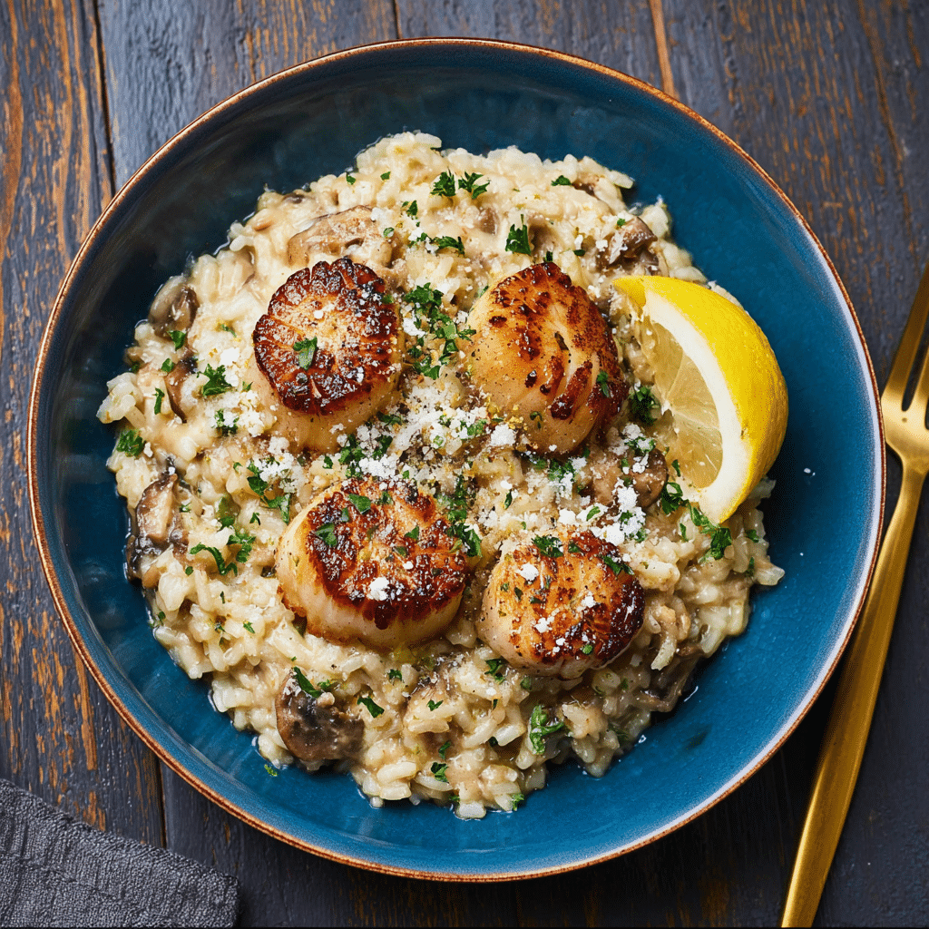 Lemon Butter Scallops Over Parmesan Risotto Recipe - Recipe Image