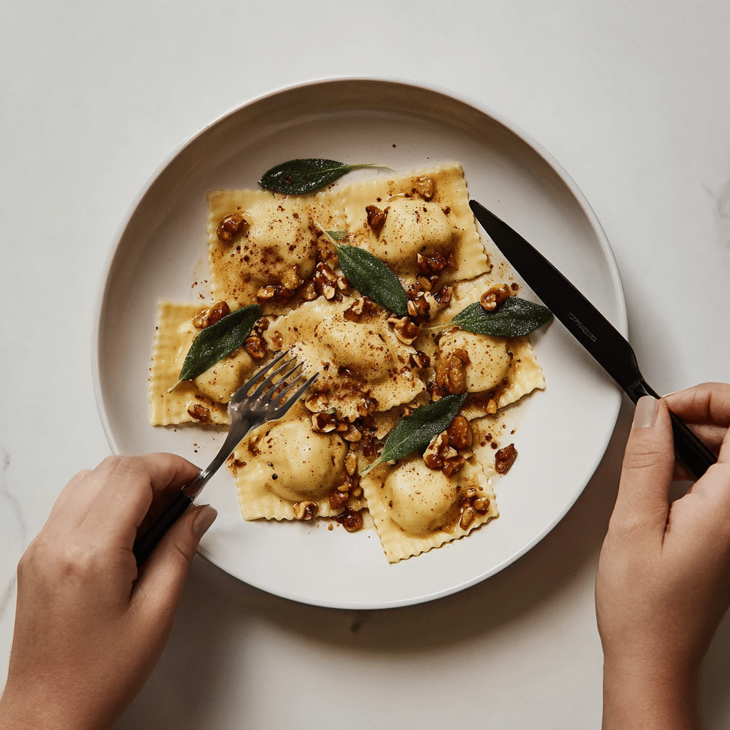 Homemade Pumpkin Ravioli with Pecan Crumble Recipe - Recipe Image