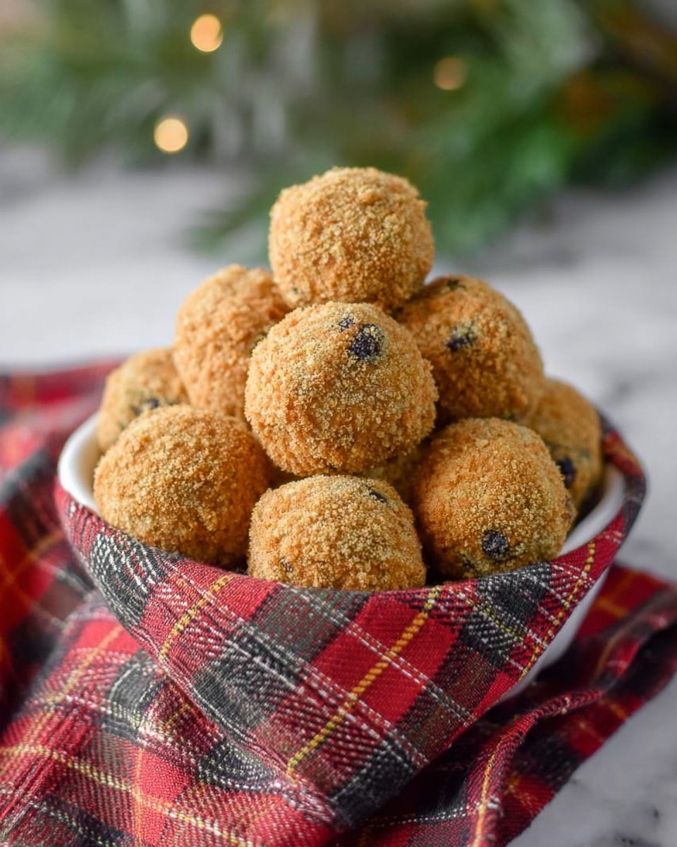 A basket lined with a red, white, black, and gray plaid cloth holds a pile of round, golden-brown balls coated in a crumbly texture with small darker spots. The basket is full, with the balls stacked in three layers, the bottom layer mostly hidden, a middle layer with some balls visible, and the top layer showing the most, all piled unevenly. The background is blurred with green and red tones, and the scene sits on a white marbled surface. Photo taken with an iphone --ar 4:5 --v 7