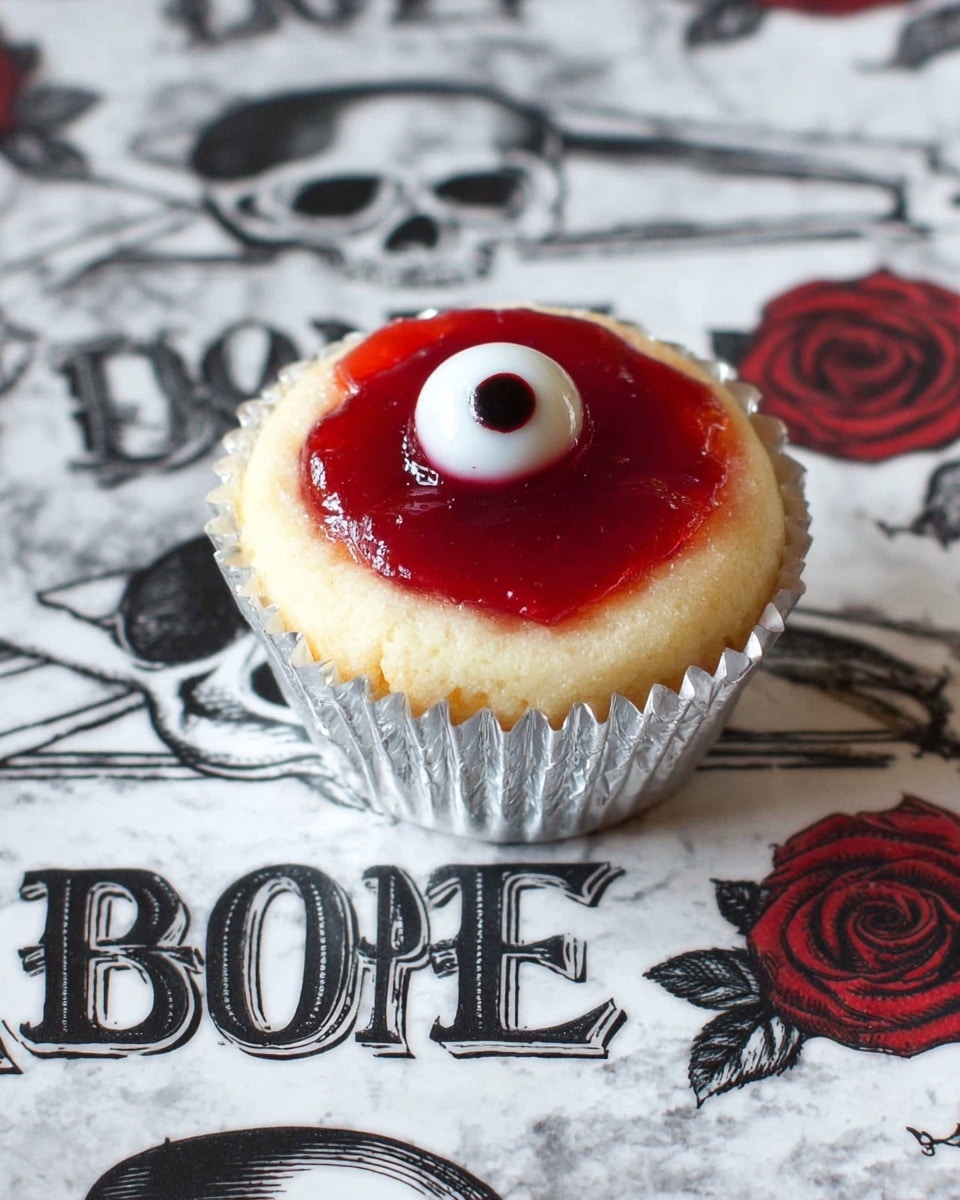 A single cupcake in a silver foil cup sits centered on a white marbled surface decorated with black vintage text and skull and red rose drawings. The cupcake has a smooth, pale cream-colored top layer. On top of this is a thick, shiny red jelly layer spread unevenly to one side. In the center of the jelly is a small, round candy designed to look like an eyeball with a white base and a black pupil. The overall scene contrasts bright cream, deep red, and sharp black. Photo taken with an iphone --ar 4:5 --v 7