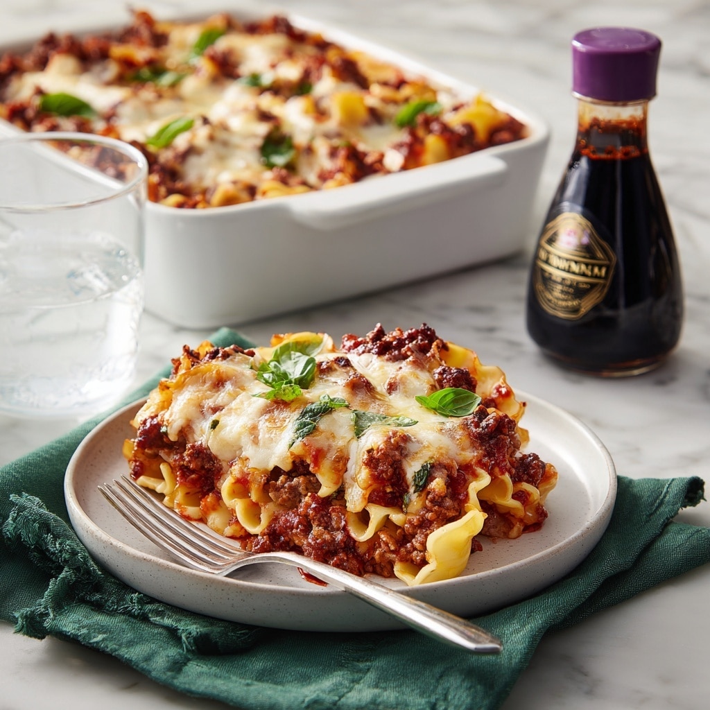 A white plate holds three pieces of stuffed pasta, layered with a thick red tomato meat sauce and melted cheese, topped with small green basil leaves for garnish. The pasta pieces have a light yellow color, and the meat sauce is rich with bits of ground meat and melted cheese blending within. A silver fork rests on the left side of the plate, angled diagonally. Next to the plate, there is a clear glass of water. In the top right corner, a white rectangular baking dish contains more stuffed pasta covered with the same meat sauce and cheese, slightly browned on top. A dark bottle of Kikkoman Roasted Garlic Teriyaki sauce with a purple cap sits near the baking dish on a light green cloth with a white marbled surface underneath. The background surface is a warm wood texture. Photo taken with an iphone --ar 4:5 --v 7