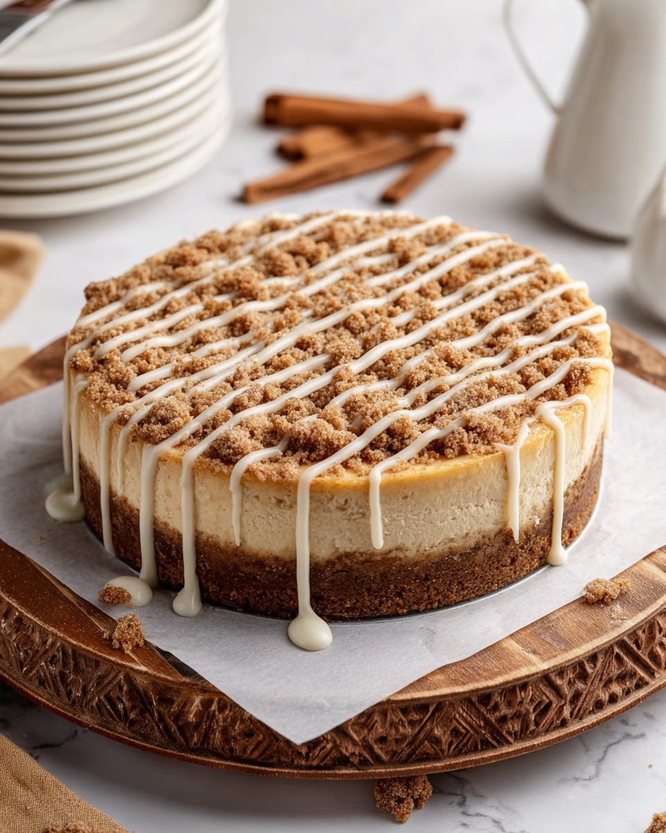 A round three-layer cake sits on white parchment paper over a wooden board featuring a carved edge. The bottom layer is a dark brown crumb crust with a rough texture. The middle layer is a thick, smooth light tan cheesecake with slightly darker edges. The top layer has an uneven crumb topping in a light golden brown shade, sprinkled thickly across the cake surface. White icing is drizzled diagonally in stripes over the crumb layer, with some icing dripping down the sides. The background shows a white marbled texture, with a white stack of plates, cinnamon sticks, a rustic knife with a wooden handle, and a white pitcher in soft focus. Photo taken with an iphone --ar 4:5 --v 7