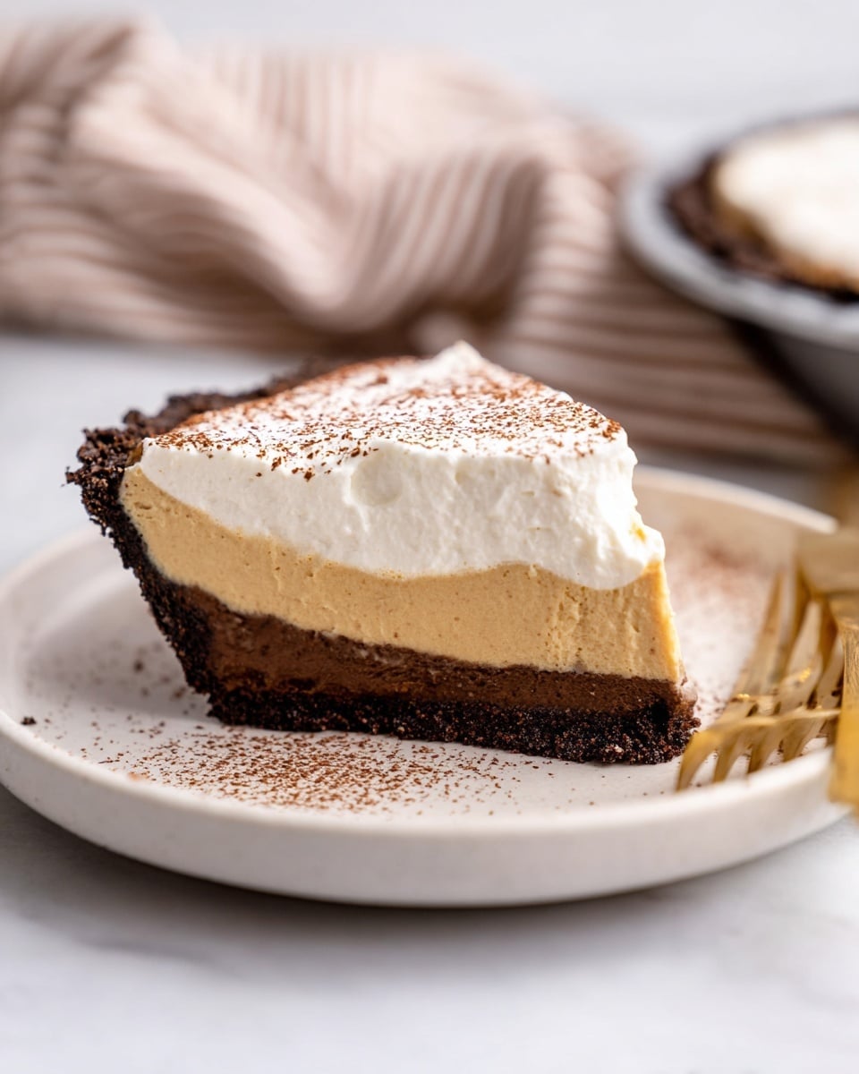 A slice of pie is placed on a white plate with a soft white marbled texture under it. The pie has three layers: the bottom layer is a dark brown crust with a slightly crumbly texture; the middle layer is thick and creamy with a light caramel color; the top layer is a fluffy white cream dusted lightly with cocoa powder. The pie crust edges are dark and slightly folded up around the filling. Beside the plate, there is a golden fork, and in the background, a striped cloth is softly blurred. photo taken with an iphone --ar 4:5 --v 7