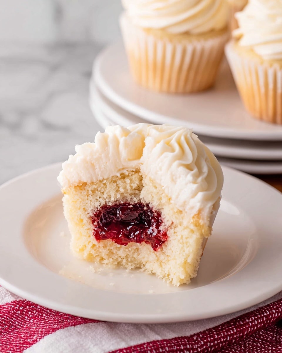 A white cupcake on a white plate shows three layers: a bottom light yellow cake, a middle dark red berry jam filling with a slightly glossy, sticky texture, and a top thick swirl of creamy white frosting with soft ridges. On another white plate, there's a halved cupcake showing these layers clearly: the soft cake, the jam in the center, and the smooth frosting on top. The background is a white marbled texture with a red and white cloth visible on the side. photo taken with an iphone --ar 4:5 --v 7