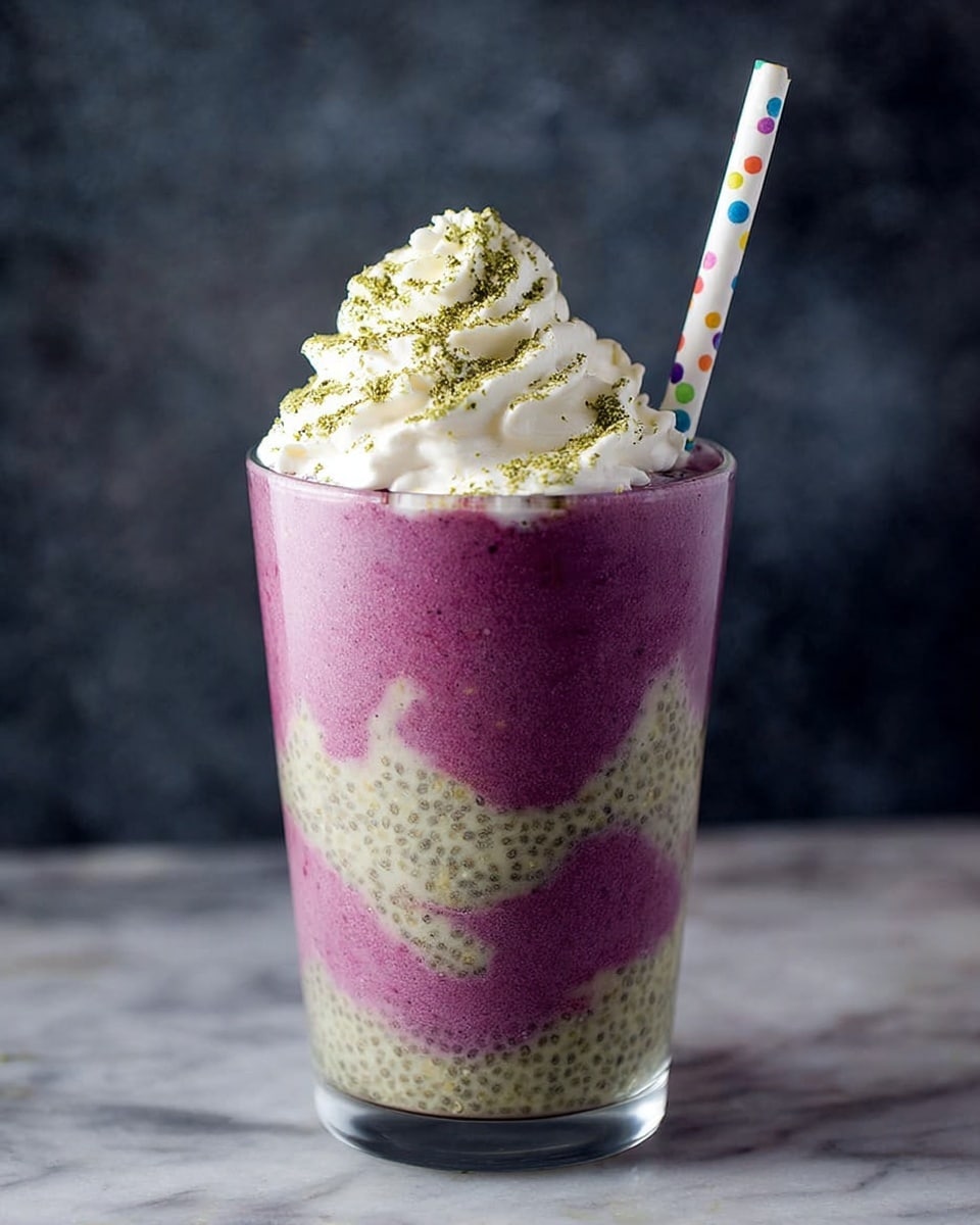 A clear glass filled with a layered drink showing alternating thick swirls of purple and greenish chia seed pudding in three visible layers, topped with a generous swirl of white whipped cream sprinkled with a light green powder, and a colorful polka dot straw inserted on one side. The drink sits on a white marbled surface with a soft dark gray background. photo taken with an iphone --ar 4:5 --v 7