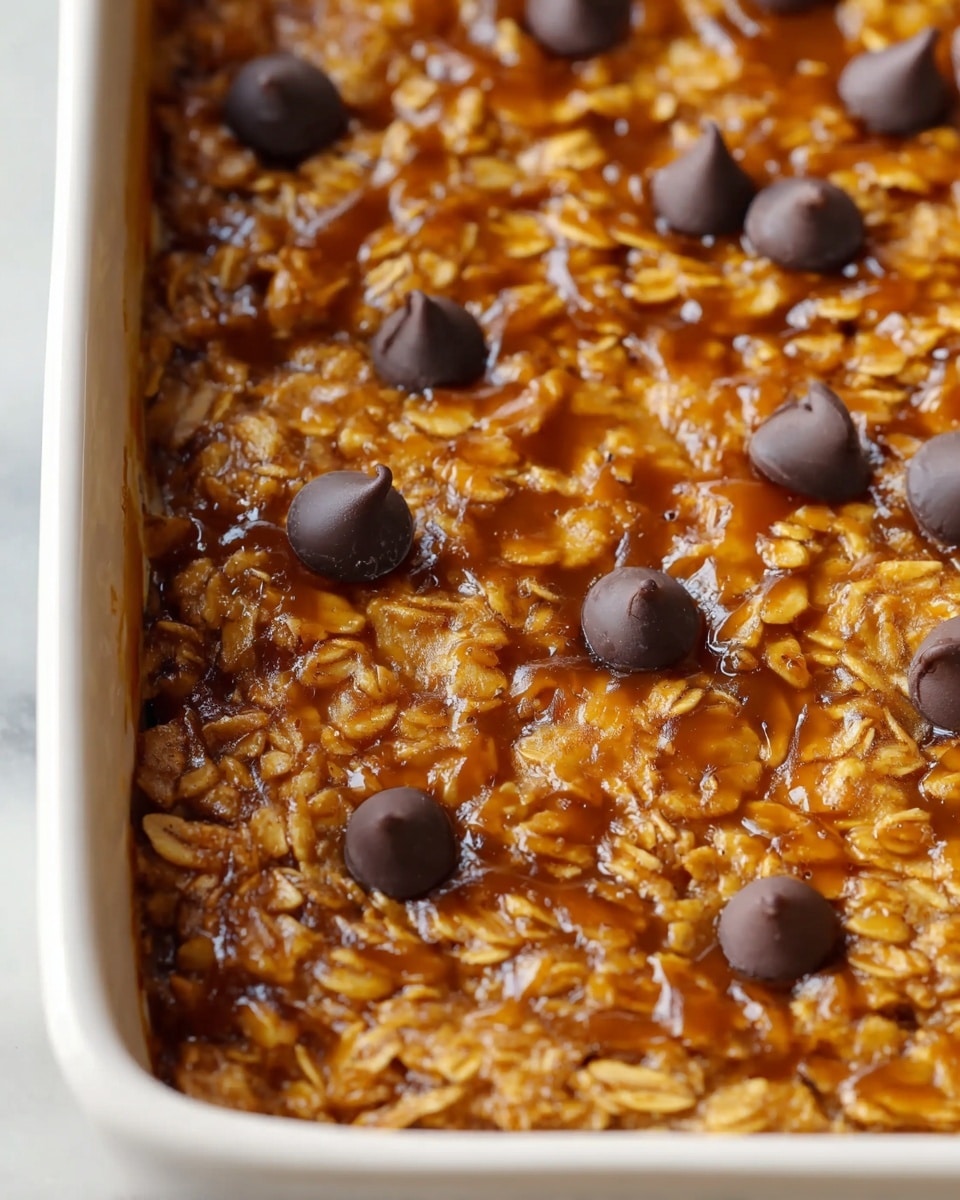 A close-up view of a baked oatmeal dish in a white rectangular baking dish, showing one layer made of golden brown oats mixed with a sticky, glossy caramel-like syrup. Scattered on top are smooth, dark brown chocolate chips that add small pops of color. The oatmeal layer looks thick, slightly textured, and moist with a warm, inviting tone. The background and surface visible are a white marbled texture. photo taken with an iphone --ar 4:5 --v 7