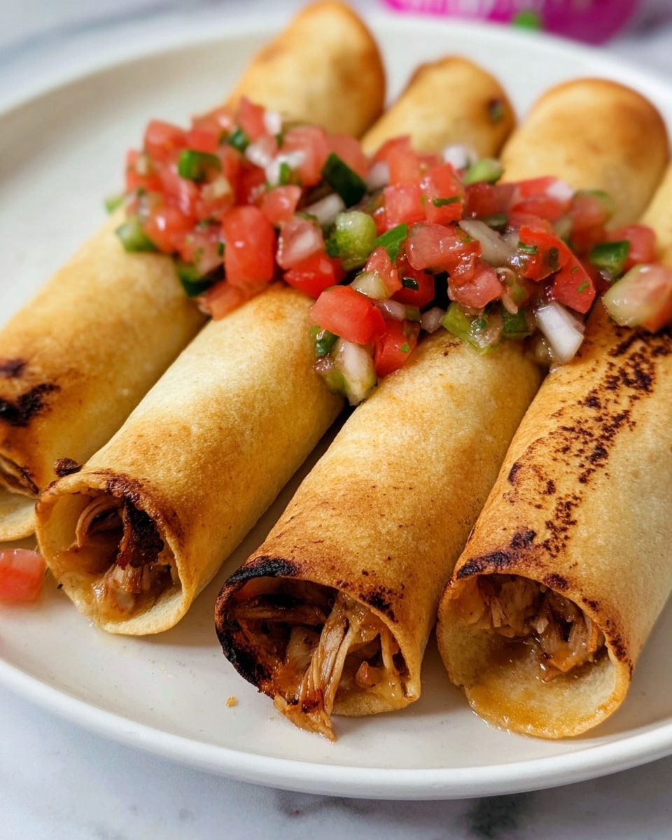 The image shows four golden-brown rolled tacos placed on a plain white plate over a white marbled background. Each taco has a crispy texture with visible grill marks at the ends where the filling peeks out slightly, showing a mix of cooked shredded meat. On top of two of the tacos, there is a fresh, colorful salsa made of diced red tomatoes, green peppers, and white onions, adding bright red, green, and white colors and a juicy texture as a topping. The tacos are arranged close to each other but not stacked. photo taken with an iphone --ar 4:5 --v 7