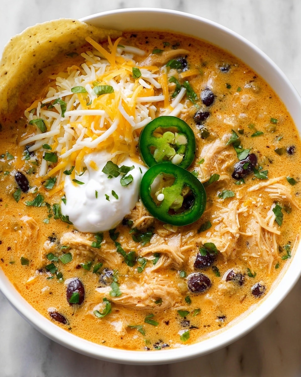 A white bowl filled with creamy orange soup with visible shredded chicken and black beans evenly spread throughout. On the left side, there is a small pile of shredded yellow and white cheese, and a dollop of white sour cream sits just right of the cheese. Several bright green jalapeño slices are placed on top near the sour cream. Small green herb bits are sprinkled across the surface, adding a fresh look. A white tortilla chip is partially dipped into the soup on the upper left edge of the bowl. The bowl sits on a white marbled texture surface. photo taken with an iphone --ar 4:5 --v 7