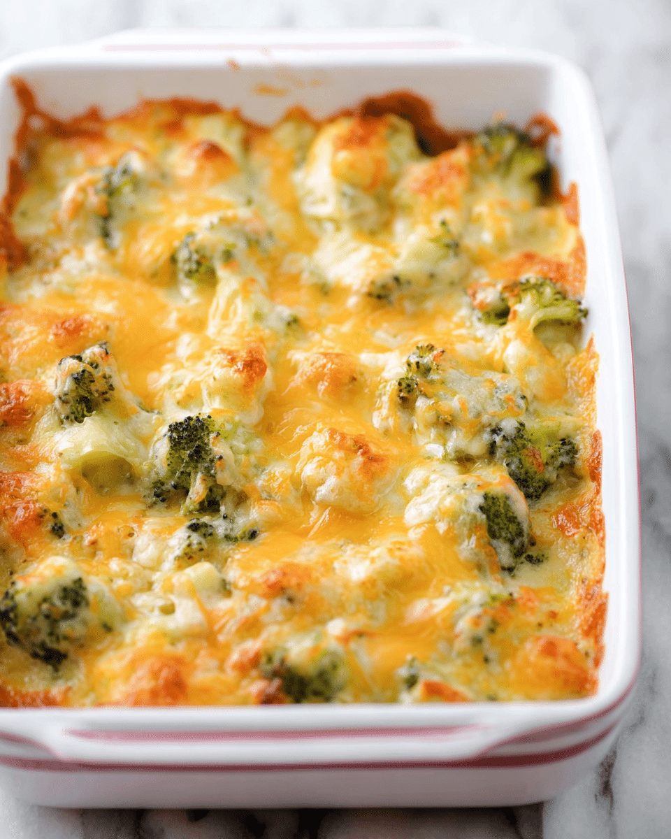 A white rectangular baking dish filled with a cheesy casserole containing visible green broccoli florets and golden melted cheese on top. The surface shows a bubbly, slightly browned texture from the melted cheese, with some crispy edges along the sides of the dish. The casserole has an uneven but thick top layer of cheese, with soft, chunky vegetables underneath blending in. The dish sits on a white marbled surface. photo taken with an iphone --ar 4:5 --v 7