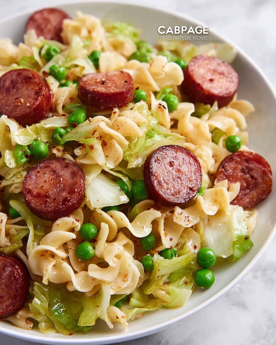 A white bowl filled with a pasta dish showing three types of layers: the bottom layer is light yellow cooked egg noodle pasta with a curly texture, mixed throughout with bright green peas that add pops of color; the middle layer includes light green chopped cooked cabbage pieces scattered evenly; the top layer features browned, round slices of sausage with a smooth texture and slight char marks, all lightly seasoned with sprinkles of black pepper. The image is set on a white marbled surface, with another bowl blurred in the background. Photo taken with an iphone --ar 4:5 --v 7