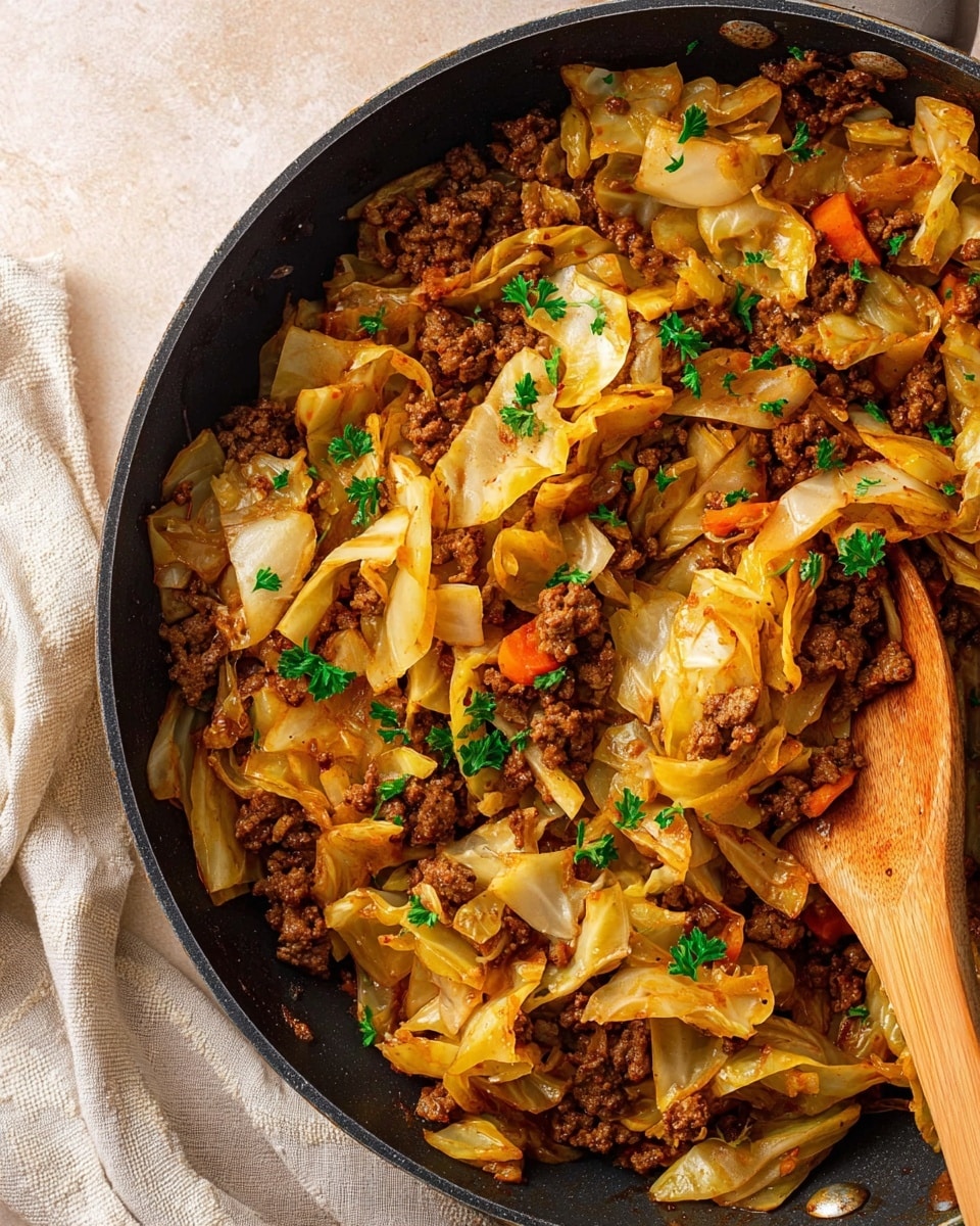 A close-up of a black pan filled with cooked cabbage and ground beef pieces mixed together. The cabbage is in light yellow to golden brown cooked patches with some crispy edges, while the ground beef is a rich brown color. Small bits of orange carrot and green parsley leaves are scattered on top, adding texture and color contrast. A wooden spoon rests on the right side inside the pan. The pan is placed on a beige surface, and a light cloth is seen at the bottom left corner. photo taken with an iphone --ar 4:5 --v 7