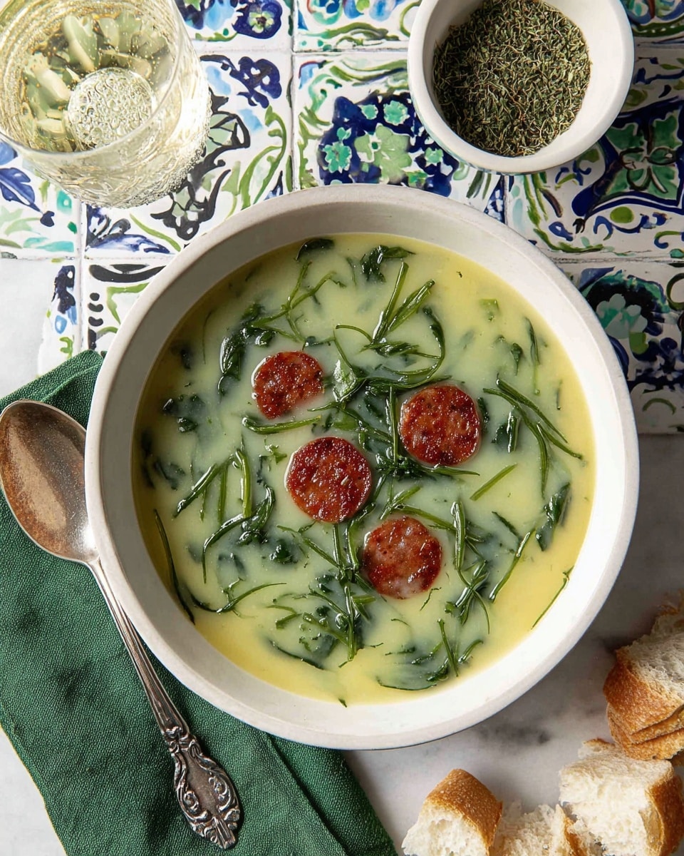 A white bowl filled with light green soup with thin dark green leafy strands mixed in, topped with three round slices of browned sausage in the center; the bowl rests on a green cloth napkin with an ornate silver spoon on its left side. Surrounding the bowl are crumbled pieces of bread on the bottom right, a small white bowl filled with peppercorns on the top right, and a clear glass of sparkling drink on the top left. All are placed on a white marbled surface with colorful blue, green, black, and white geometric patterned tiles visible. photo taken with an iphone --ar 4:5 --v 7
