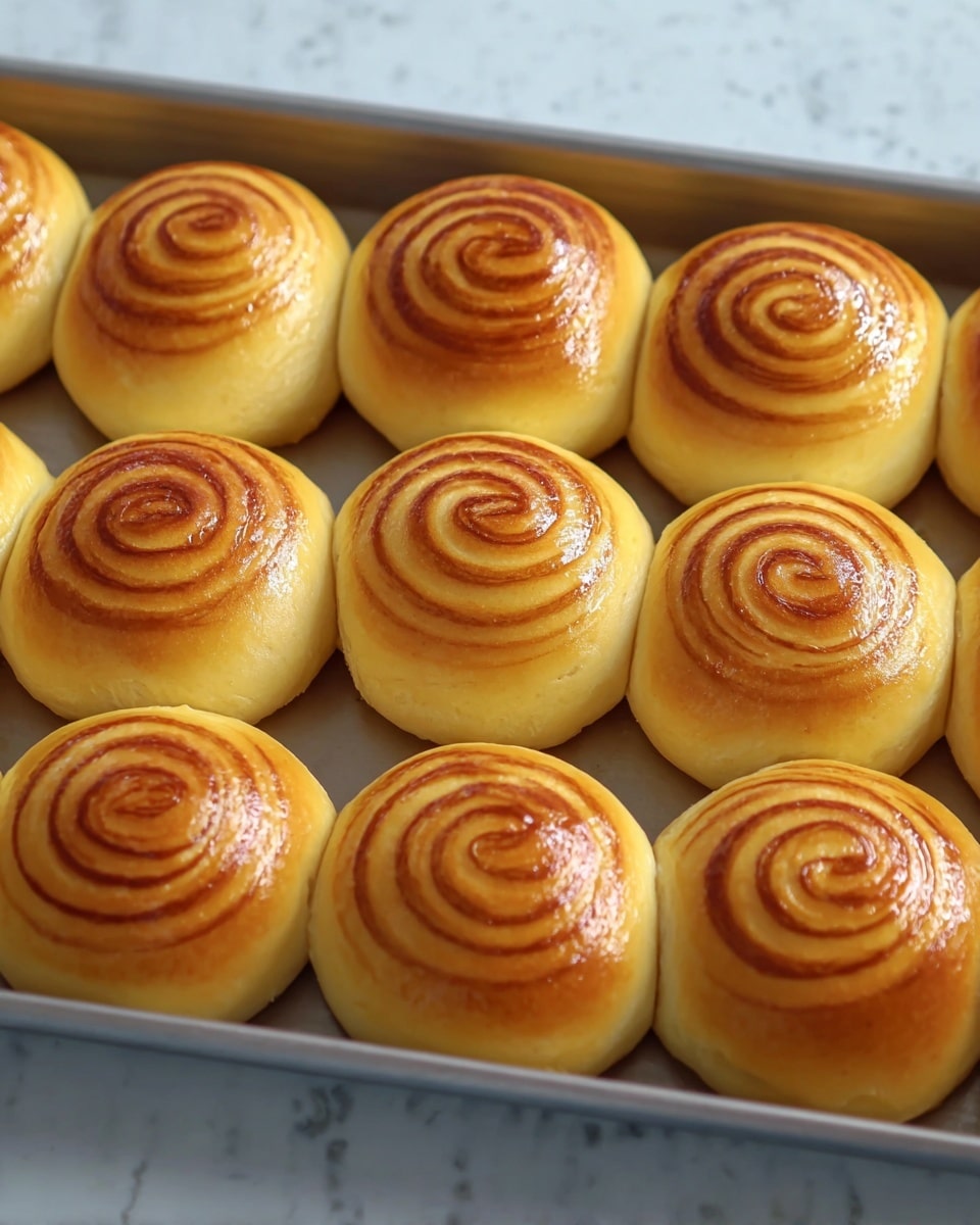 The image shows a baking tray filled with 15 round, golden brown buns arranged in three rows. Each bun has a smooth, shiny surface with a spiral pattern of darker brown lines starting from the center and going outward. The buns have a soft, slightly glossy texture and look fluffy. The tray sits on a white marbled surface. photo taken with an iphone --ar 4:5 --v 7