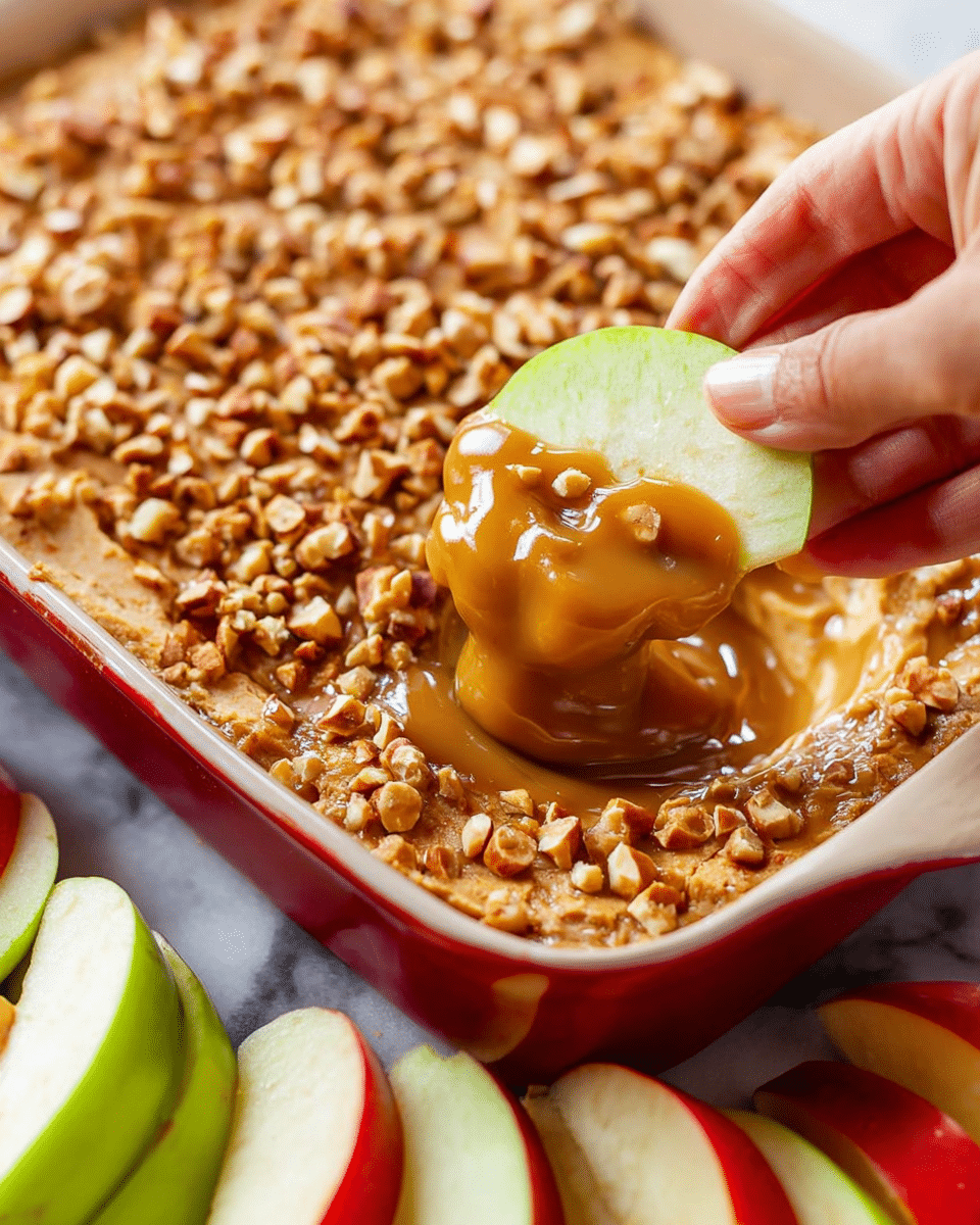 A close-up image shows a woman's hand dipping a green apple slice into a three-layer dip inside a white dish with a red border. The bottom layer is smooth and golden caramel sauce, the middle layer is creamy and sticky caramel, and the top layer is covered with small, light brown crunchy nut pieces, evenly spread. Surrounding the dish on a white marbled surface are slices of red and green apples. Photo taken with an iphone --ar 4:5 --v 7