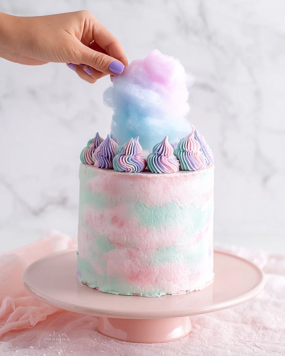 The image shows a tall, round cake with three smooth layers that blend pastel colors of light pink, lavender, and soft blue in a marbled pattern all over the sides. On top, there is a ring of swirled dollops of frosting in shades of light purple, blue, and pink arranged evenly around the edge. At the very center on top of the cake, there is a large, fluffy mound of cotton candy in pastel pink and blue colors that looks airy and soft. The cake stands on a pale pink cake stand, and the background is a simple white marbled texture. photo taken with an iphone --ar 4:5 --v 7