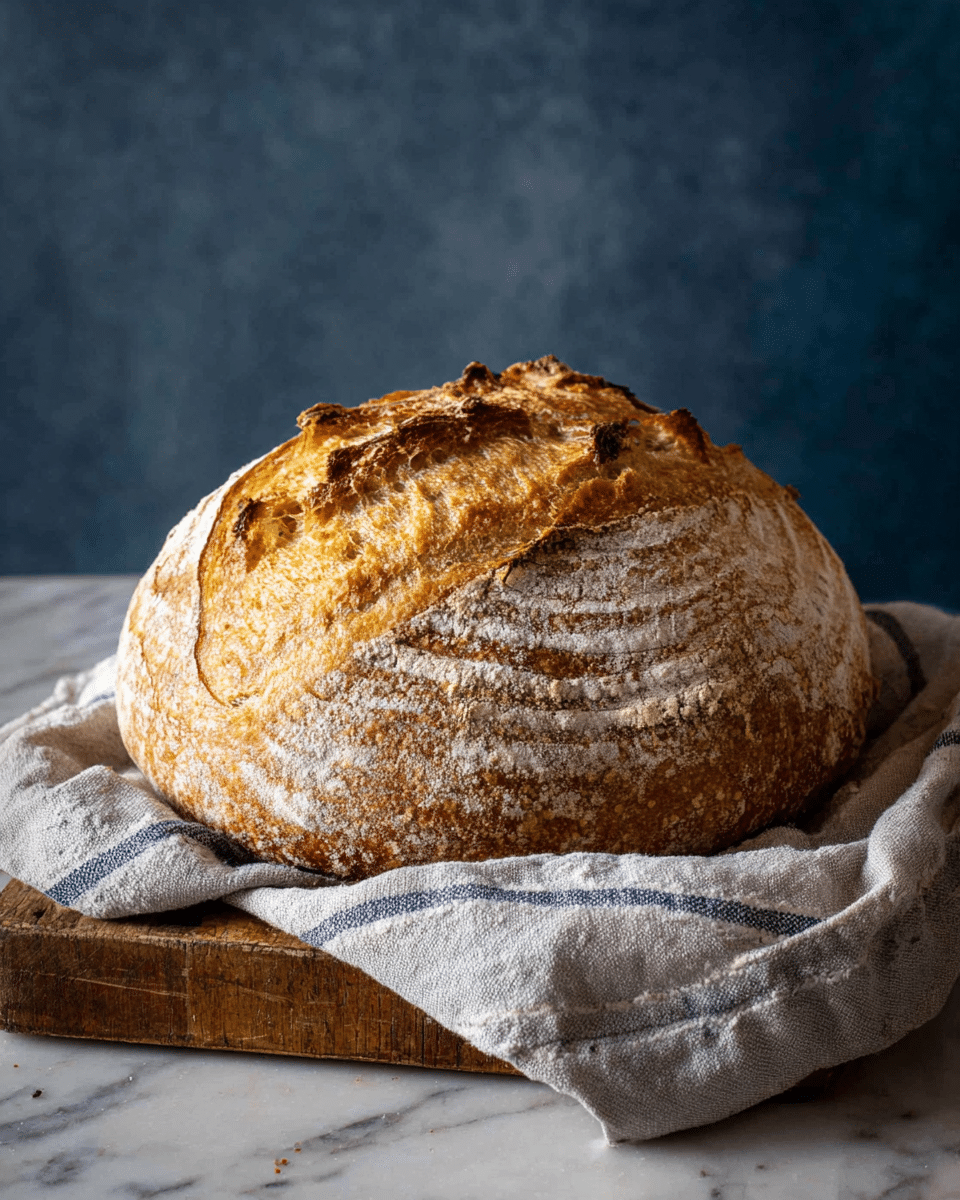 A round loaf of rustic bread with a golden-brown crust sits on a folded light gray cloth with blue stripes, which covers a wooden board beneath. The crust displays a textured, cracked surface with a pattern of concentric circles dusted with white flour. The bread has a thick, crunchy look with some darker, toasted spots and deep cracks on the top. The scene is set against a dark blue-gray background, with the wooden board resting on a white marbled surface. photo taken with an iphone --ar 4:5 --v 7