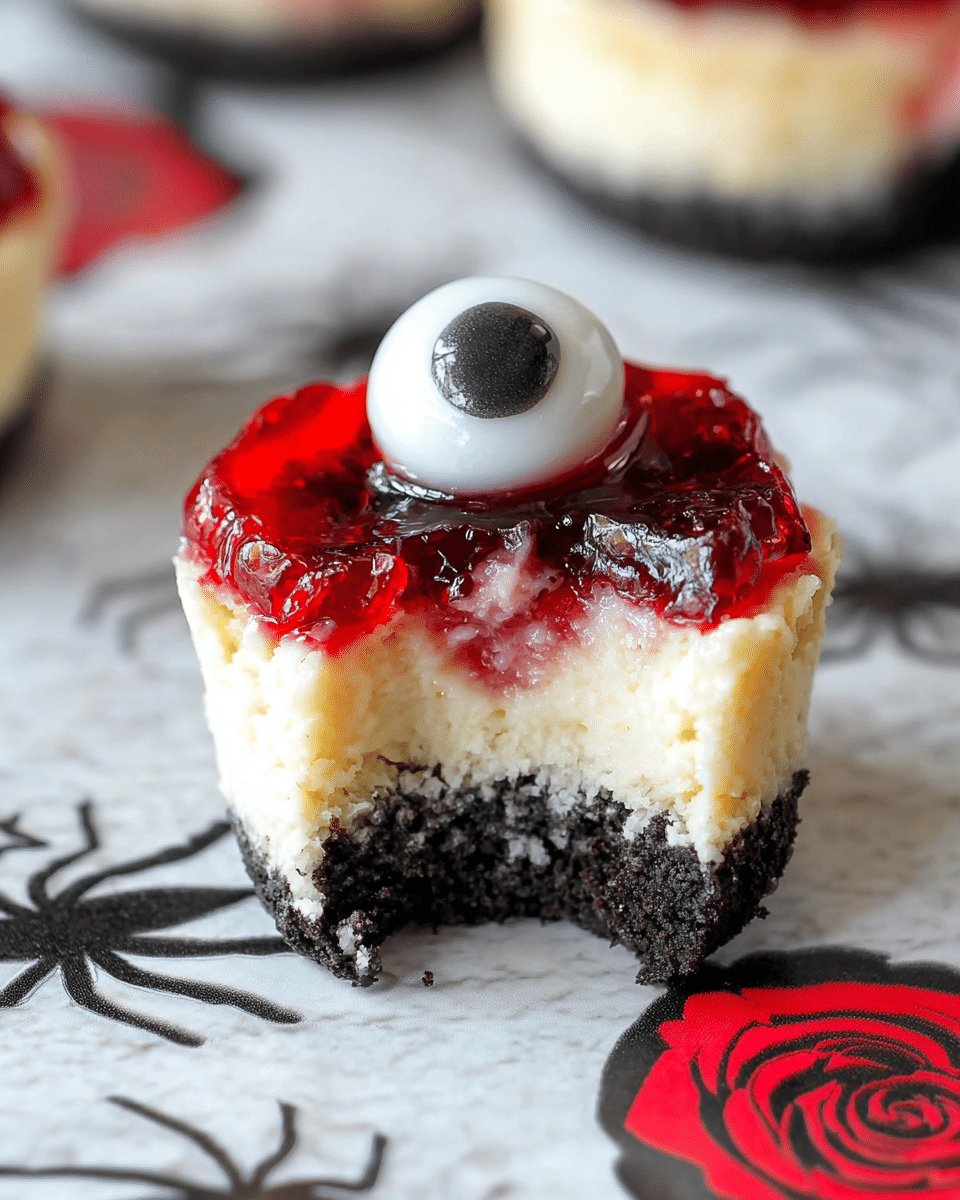 A small cheesecake with three layers, seen with a bite taken from the side. The bottom layer is a dark cookie crust, crumbly in texture, supporting the thick middle layer of pale yellow creamy cheesecake. The top layer has a shiny red jelly with small fruit pieces inside, topped with a circular candy that looks like an eyeball, white with a black center. The cheesecake sits on a white marbled surface printed with a black spider and a red rose. Photo taken with an iphone --ar 4:5 --v 7
