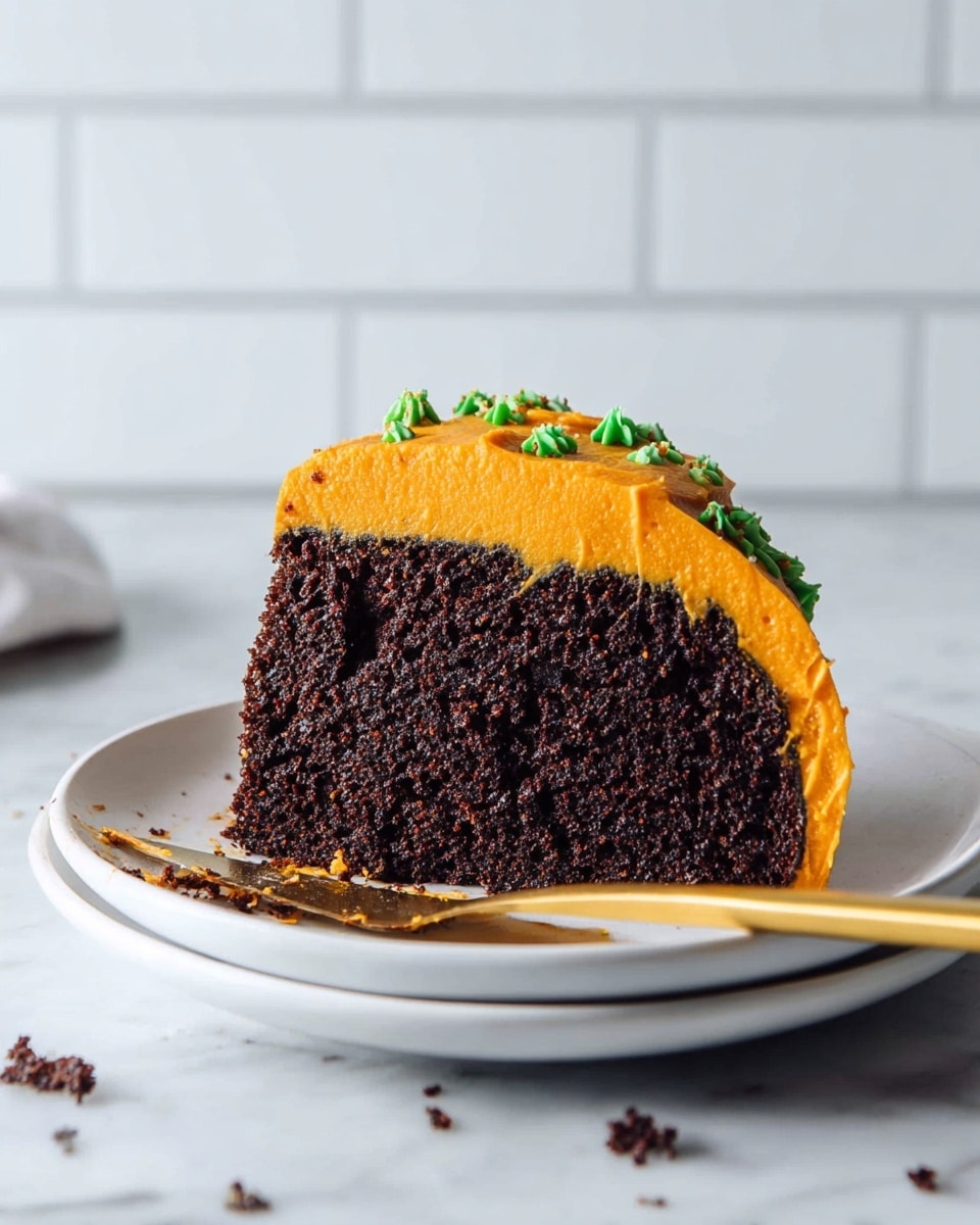 A single slice of dark brown chocolate cake with a dense, moist texture sits on a white plate. The cake has one thick layer with a smooth, thick layer of bright orange frosting on top, decorated with small green frosting accents. A gold cake server is partially under the slice, with some crumbs and bits of frosting on it and the plate. The background has a soft focus of white subway tiles and a white marbled surface. photo taken with an iphone --ar 4:5 --v 7