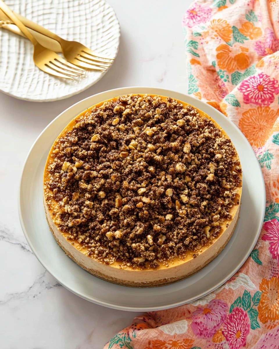 A round dessert with two clear layers is shown on a simple white plate. The base layer is a smooth, light brown cheesecake filling with a creamy texture. The top layer is a chunky mix of dark brown crumbles and nuts, covering the entire surface and adding a rough texture. The plate sits on a white marbled table. Next to the plate is a golden cake server, and above it is a white plate with two gold forks on top. In the upper right, there is a colorful cloth with a floral pattern in soft orange, pink, yellow, green, and blue tones. Photo taken with an iphone --ar 4:5 --v 7