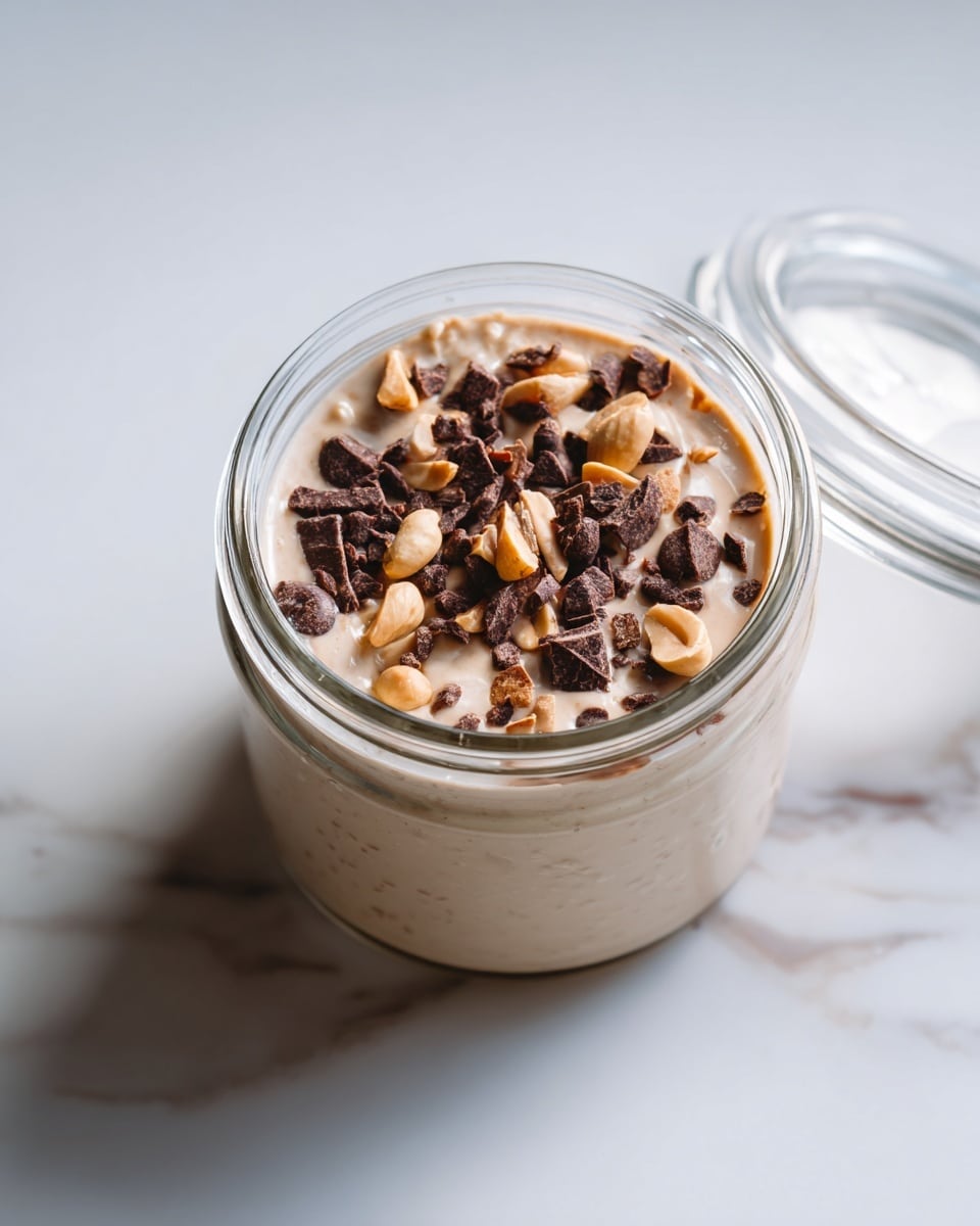 A round glass jar is filled with a creamy beige mixture that looks thick and smooth, taking up about three-quarters of the jar. On top, there is a layer of dark brown chocolate chips scattered unevenly, mixed with small pieces of light tan nuts and some whole peanuts. The jar rests on a white marbled surface, and the glass lid is placed beside the jar, slightly open. The lighting is soft and natural, highlighting the textures of the creamy base and crunchy toppings. photo taken with an iphone --ar 4:5 --v 7