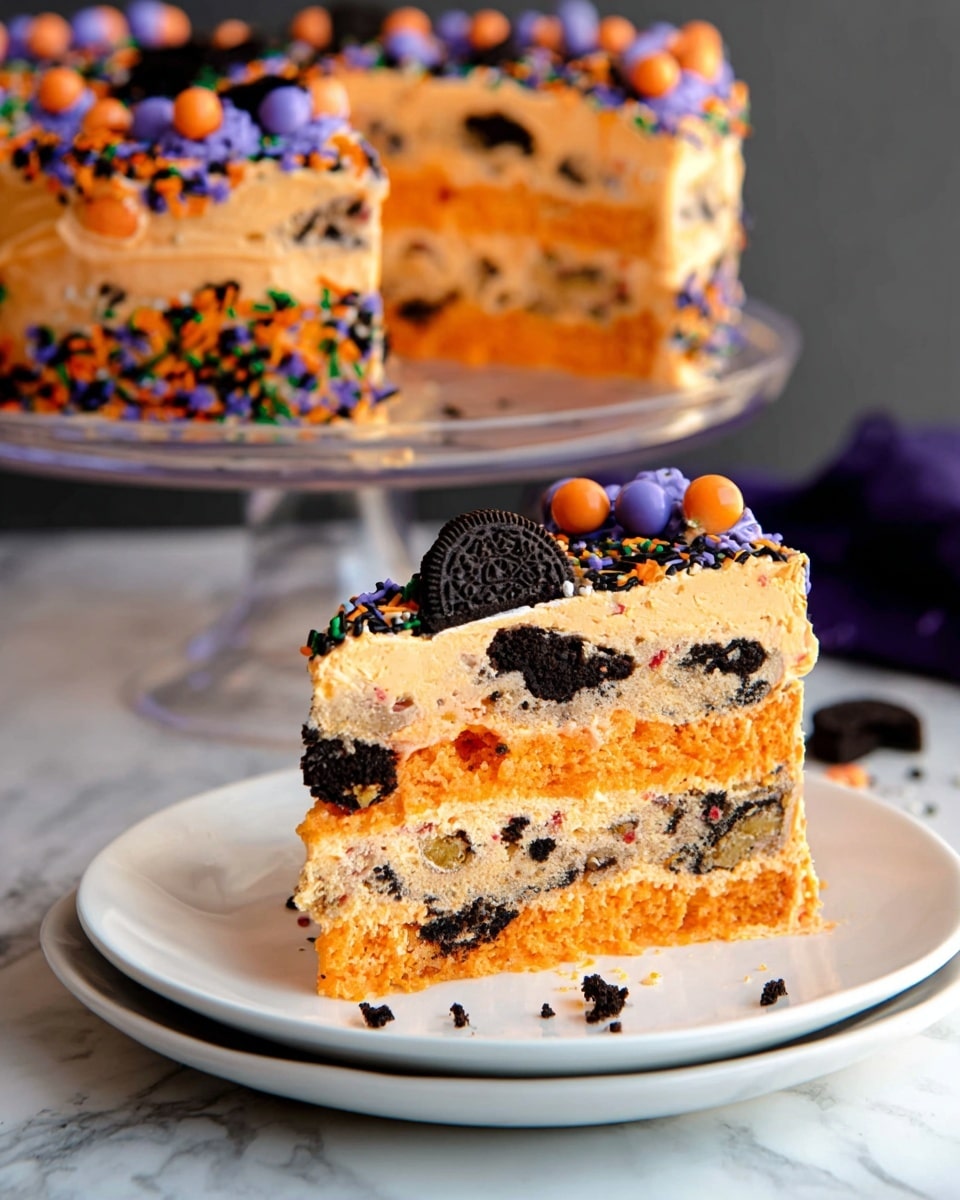 A slice of cake is placed on a white plate resting on a white marbled surface. The cake has three visible layers: the bottom layer is thick with bright orange frosting mixed with dark bits, the middle layer is a lighter orange cream with two dark cookie pieces embedded, and the top layer is a slightly darker orange frosting decorated with black, purple, and green sprinkles along with round candy balls in orange, black, and purple colors. The full cake in the background shows similar layers and decoration, sitting on a clear cake stand. The colors are vibrant and festive with a clear Halloween theme. Photo taken with an iphone --ar 4:5 --v 7