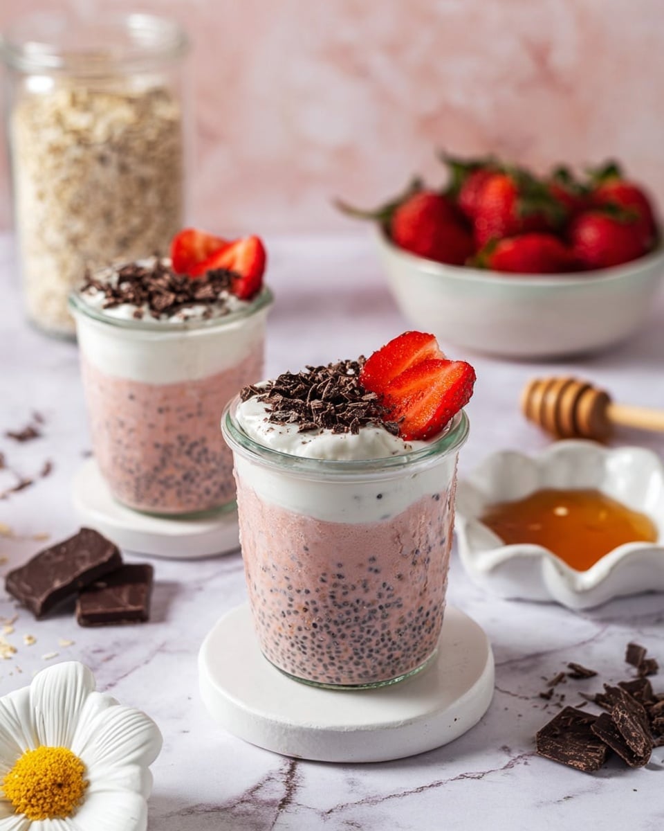 The image shows four clear glass jars filled with a breakfast parfait or overnight oats mixture. Each jar has two visible layers: the bottom layer is light brown with oats and small dark pieces mixed in, while the top layer is a light pink frothy liquid with bubbles, covering the oats below. The jars are placed on a white marbled surface, casting soft shadows. The view is from above, focusing on the texture and bubbles on the pink liquid surface in each jar. photo taken with an iphone --ar 4:5 --v 7