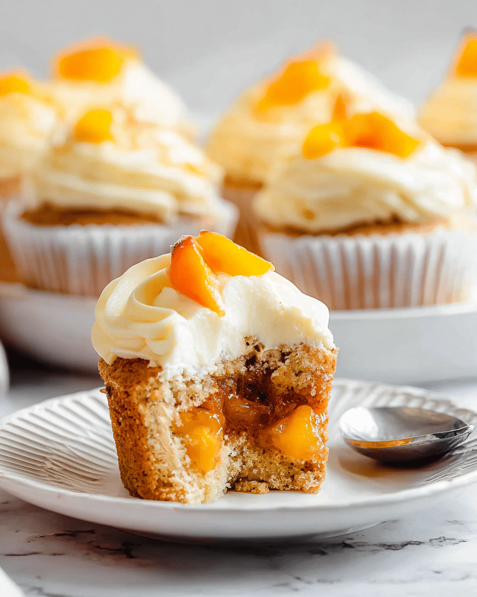 A close-up view of a partially eaten cupcake resting on a white plate with a ridged rim, placed on a white marbled surface. The cupcake has three distinct layers: a moist, light brown cake base with a slightly crumbly texture, a thick middle layer of glossy orange peach filling packed with soft fruit chunks, and a fluffy cream-colored frosting swirled generously on top. Small pieces of peach are placed on the frosting as decoration. In the background, a white plate holds more cupcakes with the same frosting and peach topping, slightly out of focus. A shiny silver spoon is placed near the plate on the right side. photo taken with an iphone --ar 4:5 --v 7
