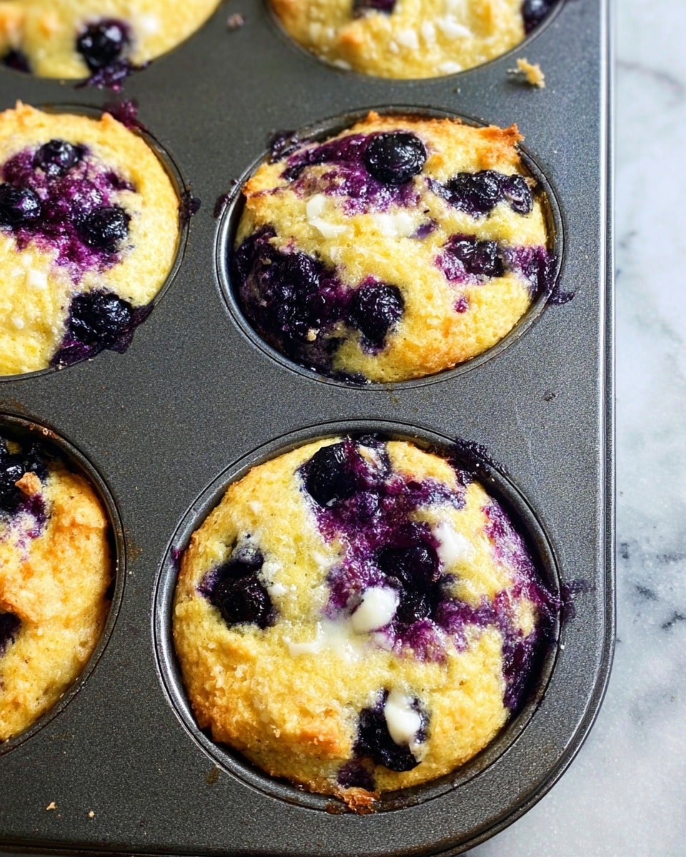 The image shows a close-up of a metal muffin tray holding four baked blueberry muffins. Each muffin has a top layer that is golden brown with a slightly rough texture, scattered with deep purple baked blueberries that have burst slightly, releasing their dark juice. The blueberries are embedded unevenly in the muffins, creating patches of vibrant purple contrasting with the soft yellow-brown muffin base. The muffins appear moist and fresh, with some white spots possibly from cheese or icing mixed into the batter. The tray rests on a white marbled surface. photo taken with an iphone --ar 4:5 --v 7