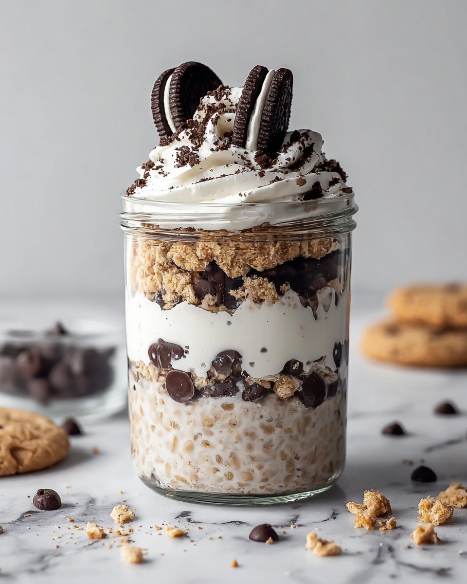 A clear glass jar filled with four visible layers: the bottom layer is creamy beige oatmeal with scattered dark chocolate chips inside, above it is a thin middle layer of crumbled light brown cookies mixed with dark chocolate chips, the next layer is thick white cream with more chocolate chips, and the top layer is a swirl of white whipped cream sprinkled with dark cookie crumbs and small chocolate pieces, finished with a whole dark chocolate Oreo cookie tucked on the side. The jar sits on a white marbled surface with scattered cookie crumbs and chocolate chips around. Photo taken with an iphone --ar 4:5 --v 7