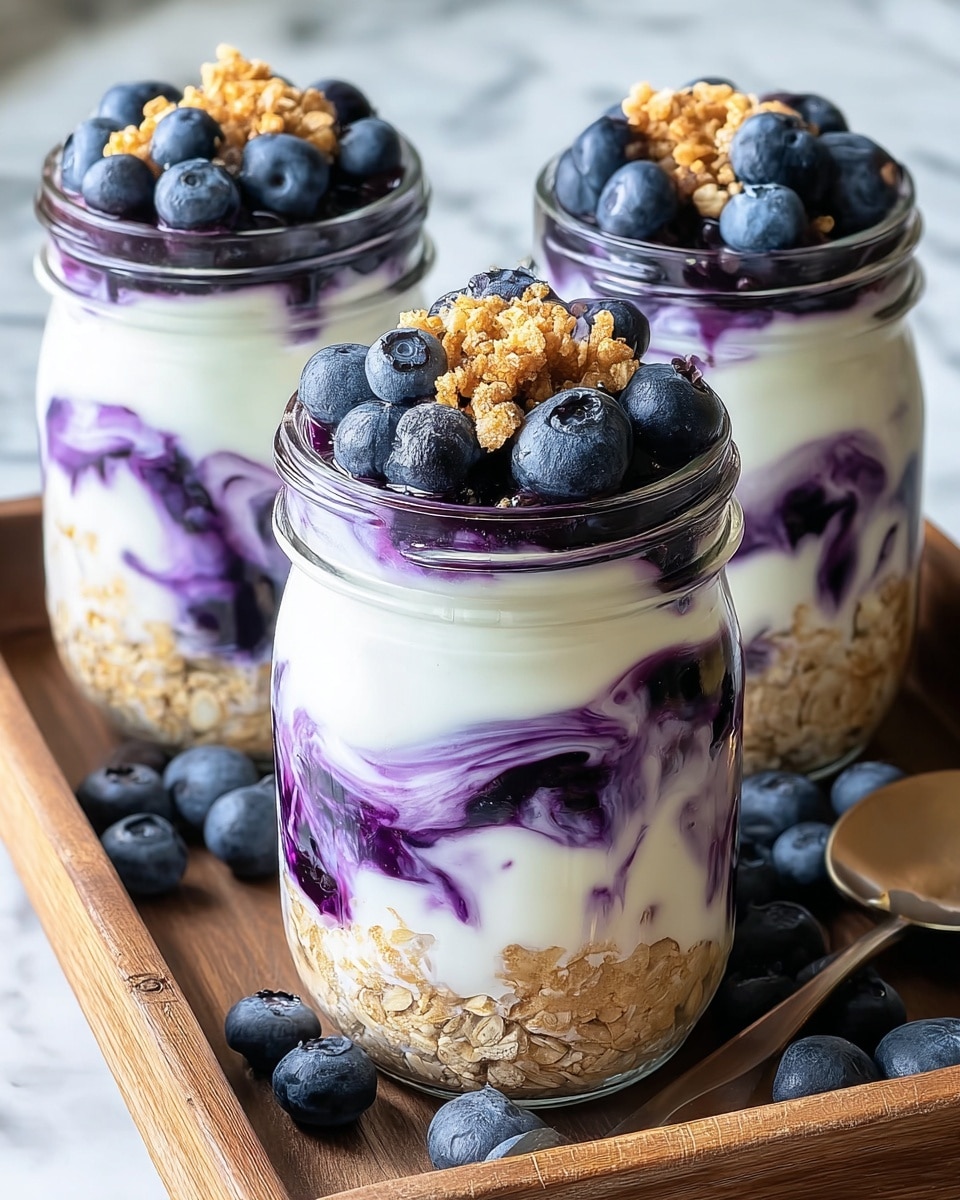 Three clear glass jars stand on a wooden tray, each filled with three visible layers. The bottom layer is light brown oatmeal with a coarse texture. Above it, a creamy white yogurt layer swirls gently with a deep purple blueberry sauce that has chunks of whole blueberries mixed in. The top layer is a pile of fresh, plump blueberries with a small sprinkle of crumbly, light brown granola on top. Fresh blueberries are scattered around the tray. The jars and tray sit on a white marbled surface. photo taken with an iphone --ar 4:5 --v 7