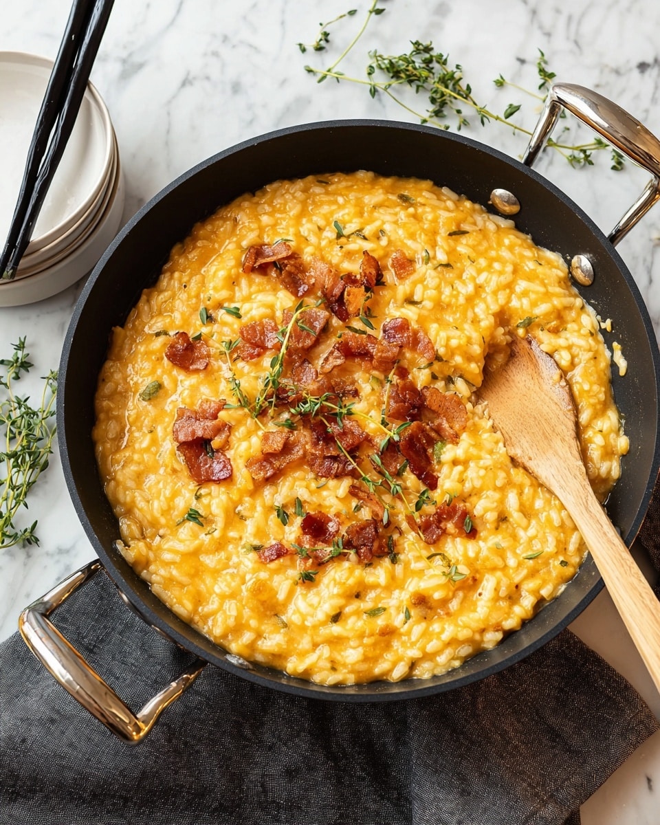 A close-up view of a creamy orange-yellow risotto inside a black pan with two metal handles. The risotto is thick and textured with visible grains of rice. On top, crispy brown bacon pieces and green herb sprigs are scattered mainly on one side. A light wooden spoon is partially placed into the risotto near the bottom right side of the pan. The pan is set on a white marbled surface with some green herb sprigs scattered around. Next to the pan, there are stacked white bowls with a pair of dark chopsticks resting on them, lying over a folded dark gray cloth. photo taken with an iphone --ar 4:5 --v 7