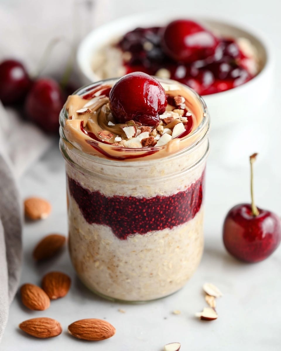 The image shows a clear glass jar filled with three visible layers: a thick light beige oatmeal base at the bottom and top, and a dark red chia seed jam middle layer. On the top layer, there is a swirl of light brown almond butter, a bright red cherry, and sprinkled almond pieces. The jar is placed on a white marbled surface with whole and chopped almonds around it. In the background, there is a white bowl also filled with oatmeal, topped with a rich red berry jam and two cherries, slightly blurred. The lighting is bright, highlighting the fresh and creamy textures. Photo taken with an iphone --ar 4:5 --v 7