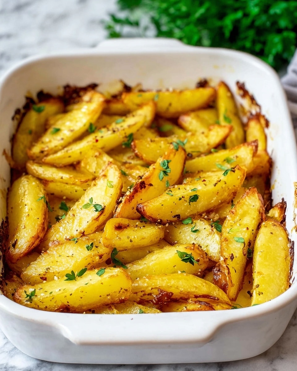 A white ceramic baking dish filled with golden yellow potato wedges that have a slightly crispy texture and browned edges, scattered evenly in one layer. Small green herb leaves are sprinkled on top, adding a fresh contrast to the warm yellow and light brown tones of the potatoes. The dish sits on a white marbled surface with a bunch of fresh green herbs blurred in the background. photo taken with an iphone --ar 4:5 --v 7