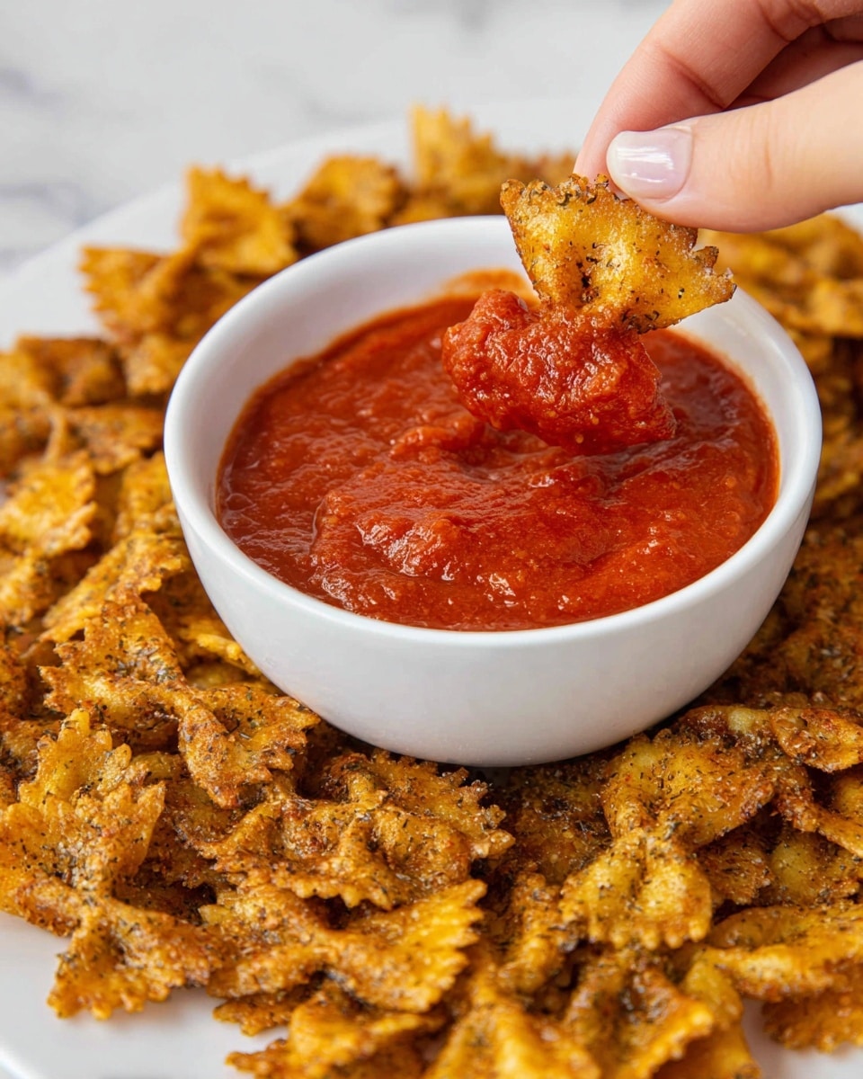 A close-up image showing a white bowl filled with bright red chunky tomato sauce in the center, surrounded by many small, crispy, golden-brown seasoned bowtie-shaped chips placed on a white plate. A woman's hand is dipping one chip into the thick sauce, with the chip partially covered by the sauce, displaying its rough textured and slightly oily surface. The background features a soft white marbled texture. photo taken with an iphone --ar 4:5 --v 7
