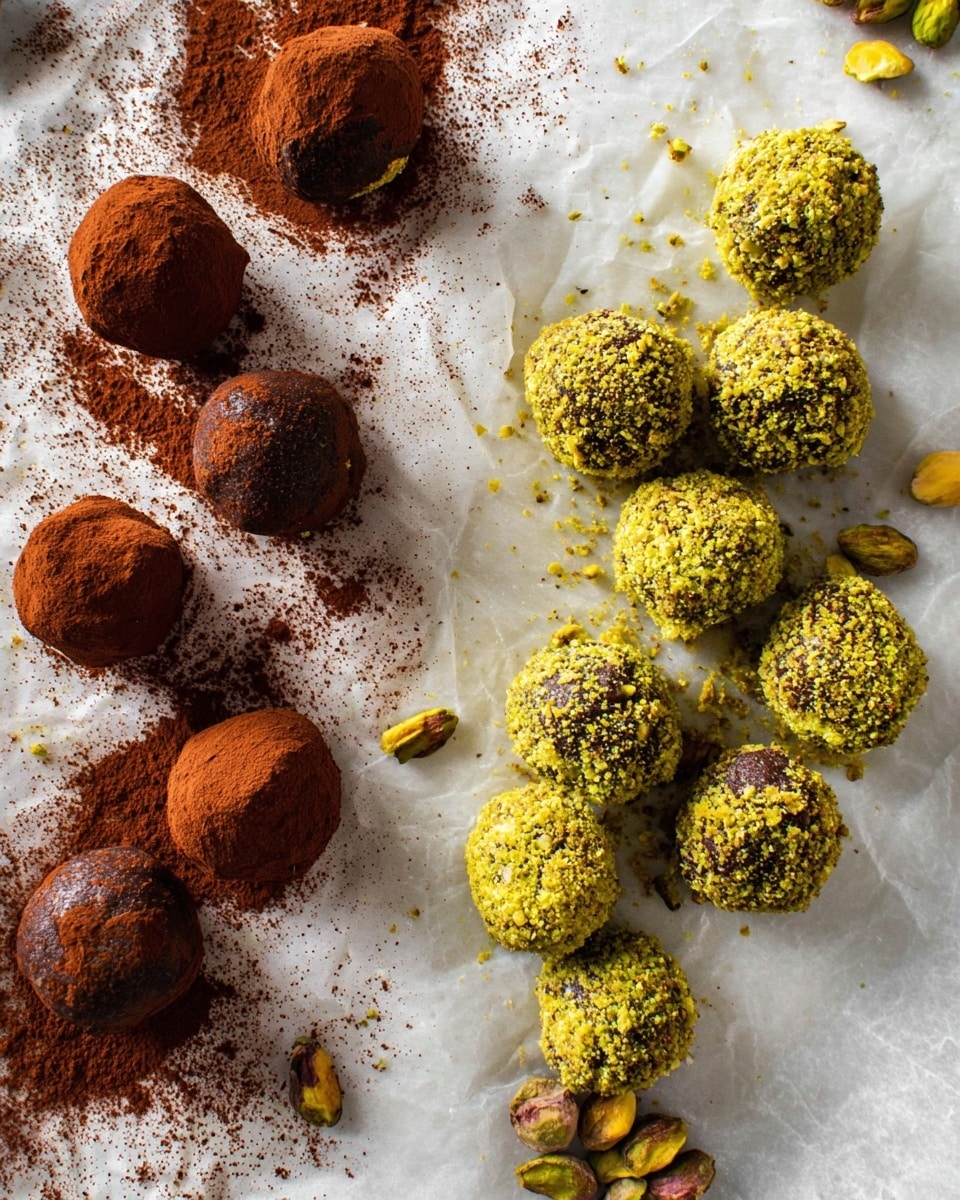 The image shows two types of round truffles placed on white parchment paper over a white marbled surface. On the left side, there are eight dark brown truffles dusted with rich reddish-brown cocoa powder, with some powder scattered around. On the right, there are about twelve truffles coated with small bright green crushed pistachio bits, creating a rough texture. A few whole pistachios are scattered among the pistachio-coated truffles, adding detail to the scene. The overall look is neat but natural, with some crumbs and powder spread loosely. Photo taken with an iphone --ar 4:5 --v 7