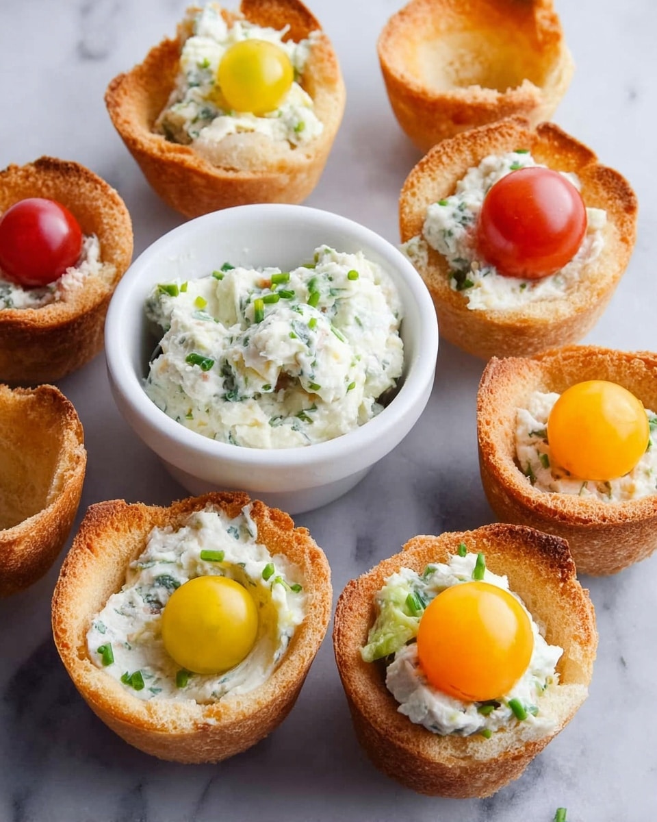 The image shows several small, round, golden brown toast cups arranged on a white marbled surface. Some toast cups are empty, showing their crisp texture and hollow center, while others are filled with a creamy white spread mixed with green herbs. On top of the filling, three toast cups have small, shiny grape tomatoes in yellow, orange, and red colors placed in the center. In the middle of the arrangement, a small white bowl holds more of the creamy herb spread. The colors contrast nicely with the white marbled background. photo taken with an iphone --ar 4:5 --v 7