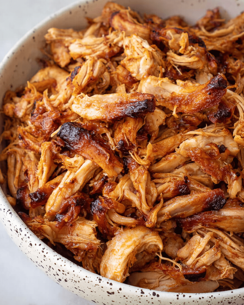 A close-up of shredded cooked chicken piled high in a white bowl with speckled black dots, showing a mix of golden brown and darker charred pieces, with visible juices giving a glossy look to the meat. The chicken pieces vary in size and texture with some smooth while others are stringy and fibrous, all looking tender and juicy. The bowl sits on a white marbled surface. photo taken with an iphone --ar 4:5 --v 7