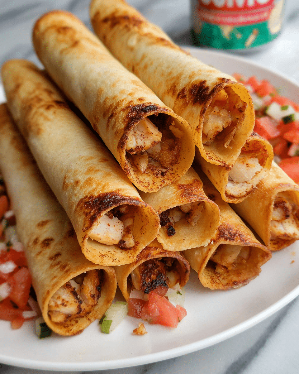 A white plate holds a stack of six small rolled tacos or taquitos, each made from a golden, crispy tortilla rolled tightly around a filling of light brown, slightly charred grilled chicken pieces visible at the open ends. The taquitos have a textured, crunchy surface with some darker browned spots on the edges. On one side of the plate, there is a colorful topping of fresh red diced tomatoes mixed with green and white bits of chopped vegetables, adding a fresh contrast. The background shows a blurred can with red and green colors on a white marbled surface. photo taken with an iphone --ar 4:5 --v 7