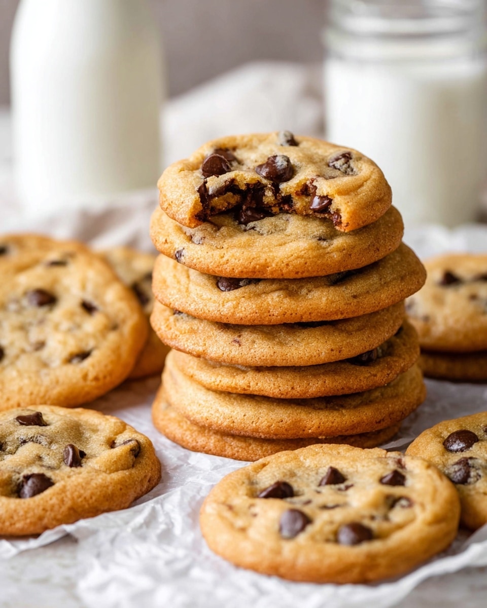 A stack of seven golden-brown chocolate chip cookies sits on top of crinkled white parchment paper on a white marbled surface, with one cookie on top showing a bite revealing a soft, gooey inside filled with dark chocolate chips. Around the stack, several more cookies are spread out flat, displaying their round shape and slightly rough texture. In the blurred background, there are two glass jars filled with milk, adding a soft, creamy contrast to the warm tones of the cookies. The overall scene is warm and inviting, focusing on the texture and rich color of the cookies. photo taken with an iphone --ar 4:5 --v 7