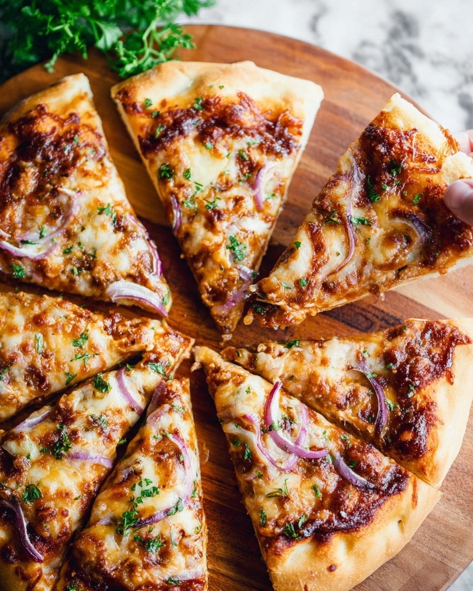 The image shows a close-up of six slices of pizza arranged in a circle on a wooden board. The pizza has a thick, soft crust, light golden in color, with a slightly browned edge. Each slice is topped with melted cheese that has bubbly and browned spots, a layer of brownish barbecue sauce visible under the cheese, thin rings of purple onion scattered on top, and sprinkled green herbs, giving a fresh contrast. The background features a white marbled texture with some green leafy herbs and a woman's hand about to pick one slice. Photo taken with an iphone --ar 4:5 --v 7