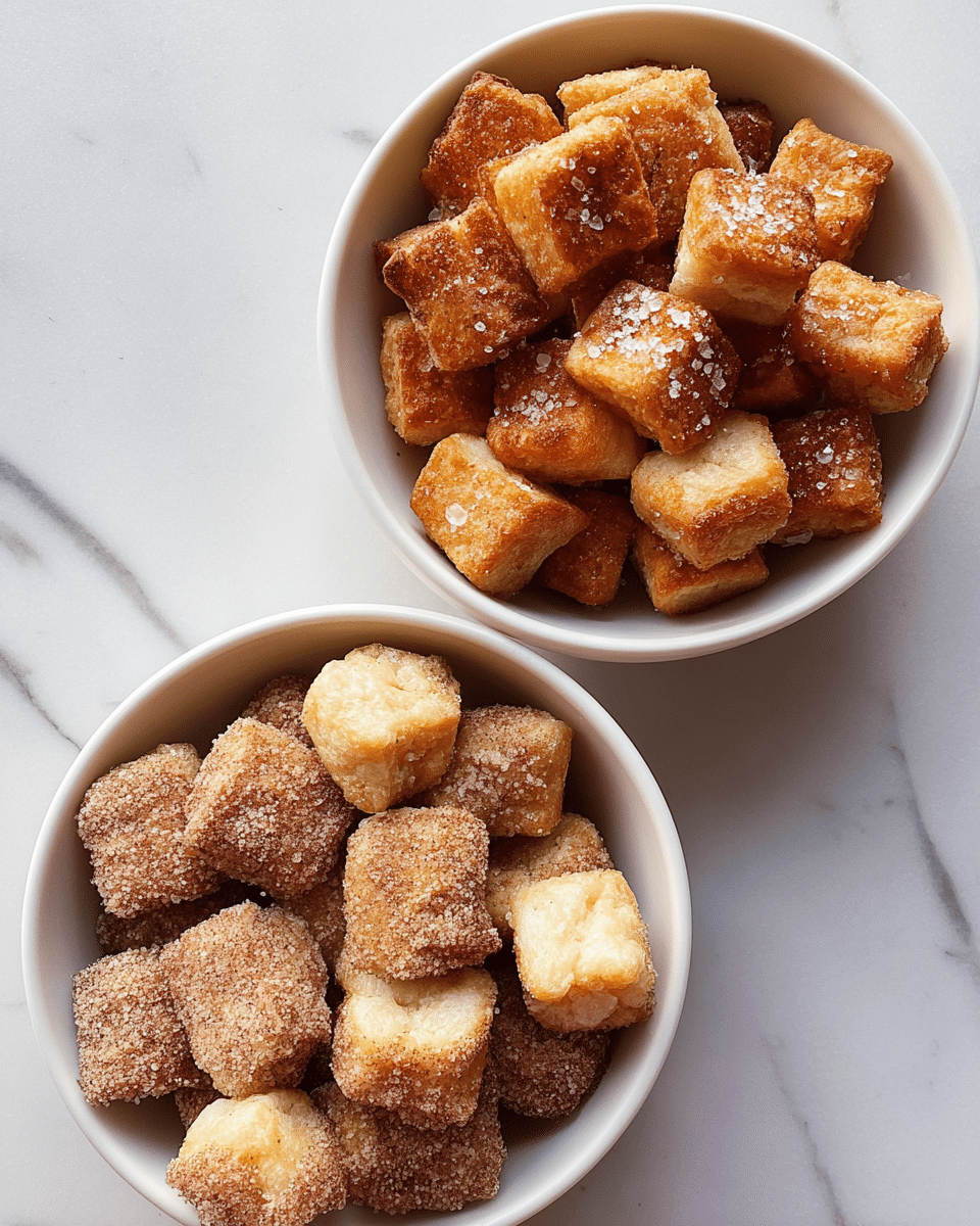 Two white bowls sit side by side on a white marbled surface, each filled with small square dough bites. The bowl on the top right contains golden brown dough pieces lightly sprinkled with coarse salt, showing a slightly crispy texture. The bowl on the bottom left holds dough pieces coated in a cinnamon sugar mixture, giving them a rough, grainy texture and a warm brown color. The pieces in both bowls look soft inside with a light fluffy appearance. photo taken with an iphone --ar 4:5 --v 7