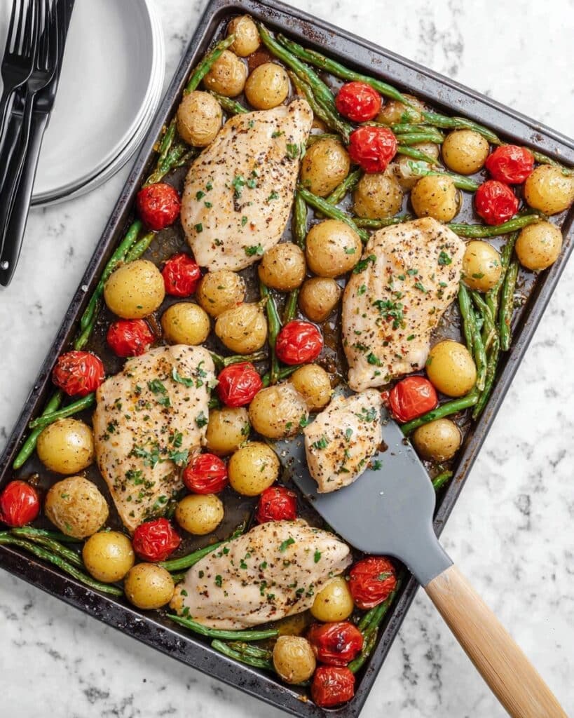 Ultimate Chicken Sheet Pan Dinner with Potatoes, Tomatoes, and Green Beans Recipe