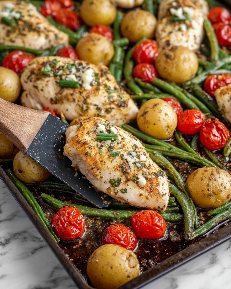 The image shows a close-up view of a baking tray filled with a cooked dish made of three main layers: the top layer has seasoned chicken breasts topped with small green herb pieces and white grated cheese; the middle layer includes small, round light brown potatoes scattered around the tray; the bottom layer is made up of vibrant green beans and bright red cherry tomatoes, some of which are slightly roasted and wrinkled. The chicken breasts have a golden-brown sear with visible herbs and spices on their surface, and the vegetables have a slight shine from the cooking juices collecting on the dark tray. A spatula with a black head and wooden handle is seen lifting one chicken breast from the bottom right. The entire scene is set on a white marbled surface. photo taken with an iphone --ar 4:5 --v 7