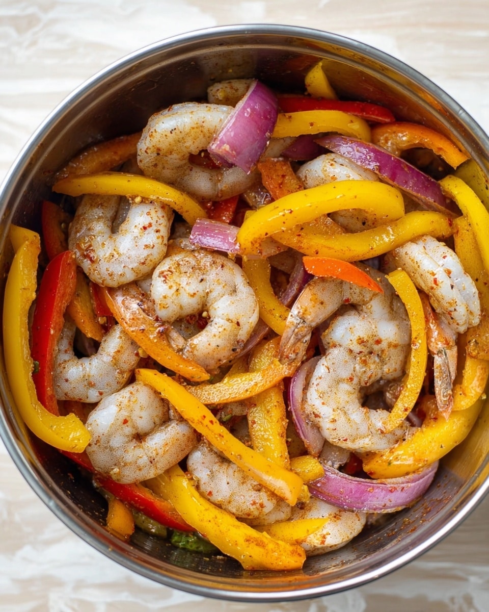 A metal bowl filled with raw shrimp that are light gray with specks of red seasoning, mixed with sliced bell peppers in bright yellow, orange, and red colors and thin rings of purple-red onion, all evenly coated with spices, creating a mix of textures from the smooth shrimp to crisp vegetable slices. The bowl is placed on a white marbled surface. photo taken with an iphone --ar 4:5 --v 7
