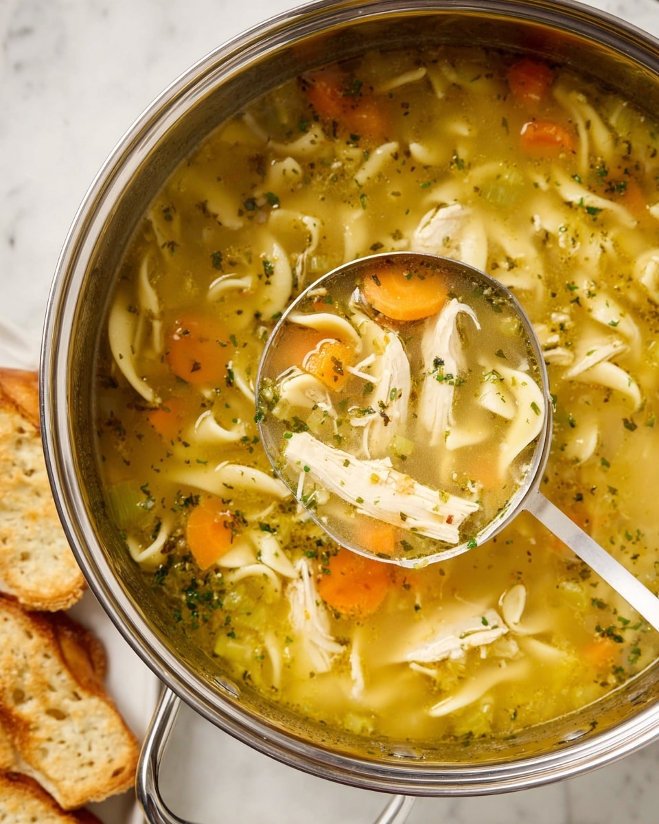 A close-up view of a shiny silver pot filled with chicken noodle soup, showing a ladle lifting a scoop of the soup. The soup has a yellowish broth with visible herbs, shredded white chicken pieces, small pale yellow noodles, orange carrot slices, and green celery bits. The pot sits on a white marbled surface. To the side, there are small toasted hexagon crackers and a white plate with slices of crunchy toasted bread. Photo taken with an iphone --ar 4:5 --v 7