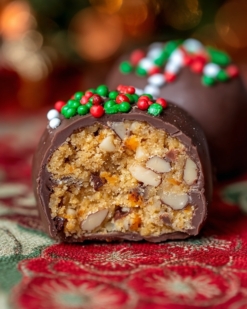 The image shows a close-up of a cut round treat with two main layers. The inner layer is a dense mixture of golden brown crumbly dough with visible chunks of light-colored nuts scattered throughout. This core is surrounded by a smooth outer coating of glossy milk chocolate, which is decorated on top with small, round, red, green, and white sprinkles. The treat is resting on a cloth with red and green patterns, and the background is softly blurred with warm brown tones. photo taken with an iphone --ar 4:5 --v 7