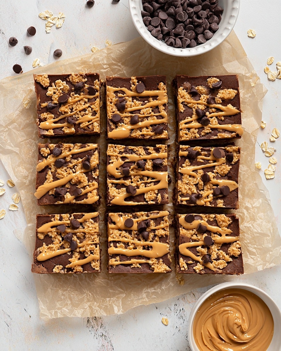 The image shows nine square bars arranged in a 3x3 grid on a piece of crinkled parchment paper, placed on a white marbled surface. Each bar has a thick, smooth dark brown chocolate base, topped with scattered clusters of light brown crumbly granola. Over this, there is a drizzle of creamy peanut butter in a light tan color, creating wavy lines across all bars, along with small dark chocolate chips placed unevenly on top. In the top left corner, there is a white bowl filled with dark chocolate chips, and in the bottom right corner, a white bowl holds a creamy swirl of peanut butter. A few stray chocolate chips and oats are scattered on the marbled surface. Photo taken with an iphone --ar 4:5 --v 7