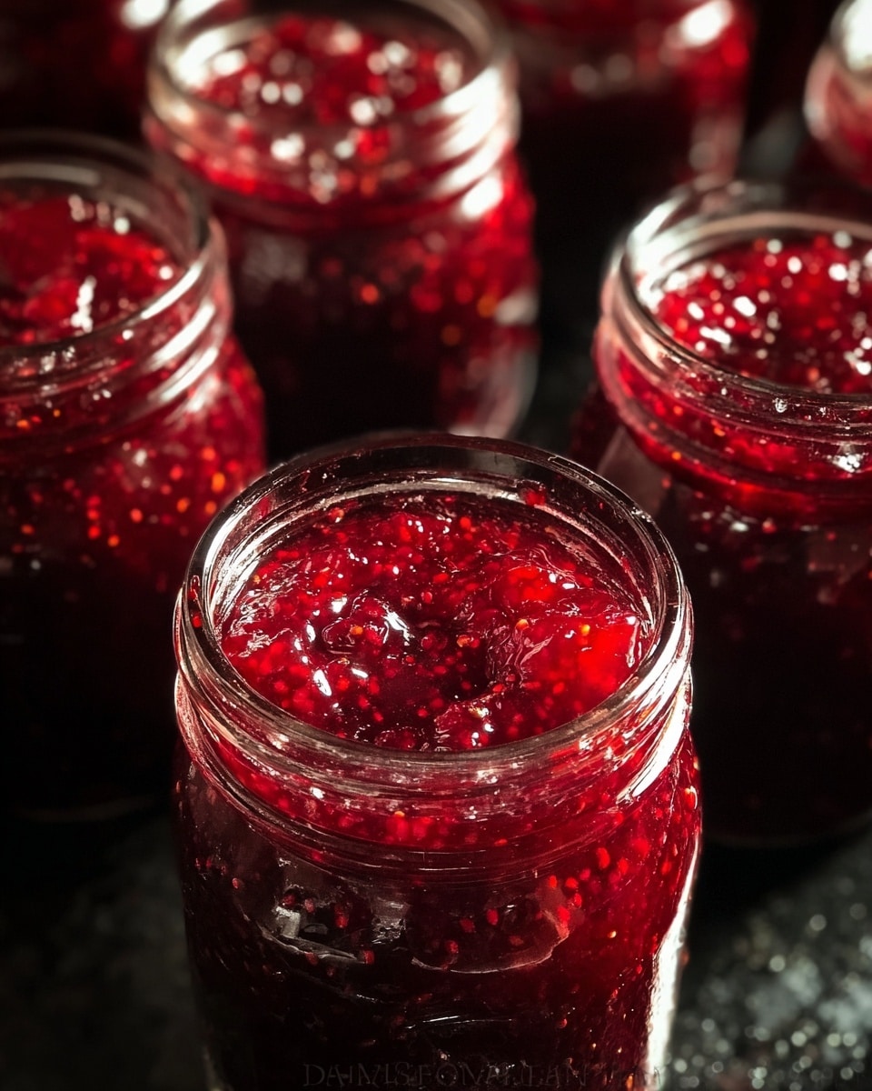 Several small glass jars are filled with bright red jam, each jar showing a thick layer of chunky, glossy jam made of mashed fruit and seeds. The jam has a shiny, slightly textured surface with small pieces of fruit visible throughout. The jars are arranged close together on a dark surface, with the focus on the front jar and the others softly blurred in the background. Light reflects softly off the wet jam surface, emphasizing its rich, sticky texture. photo taken with an iphone --ar 4:5 --v 7